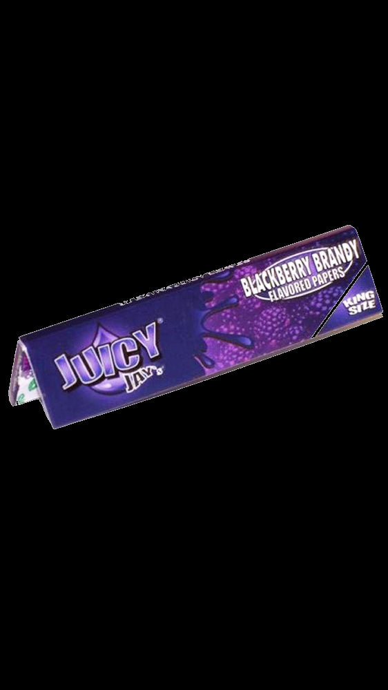 Pack of Juicy Jays rolling papers, flavored "Blackberry Brandy," against a dark background.