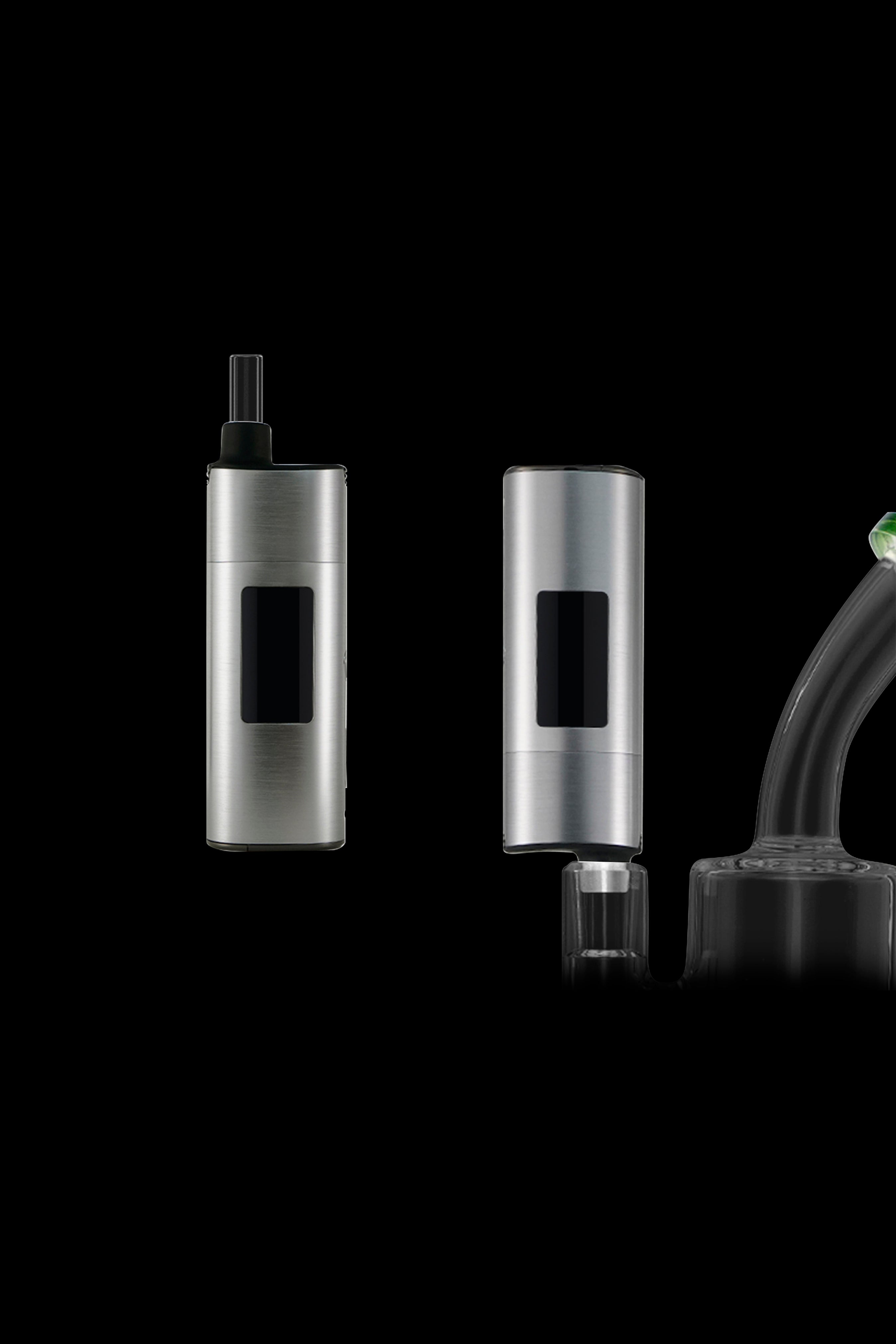 Silver cannabis vaporizer pens and dab rig attachment on a black background.