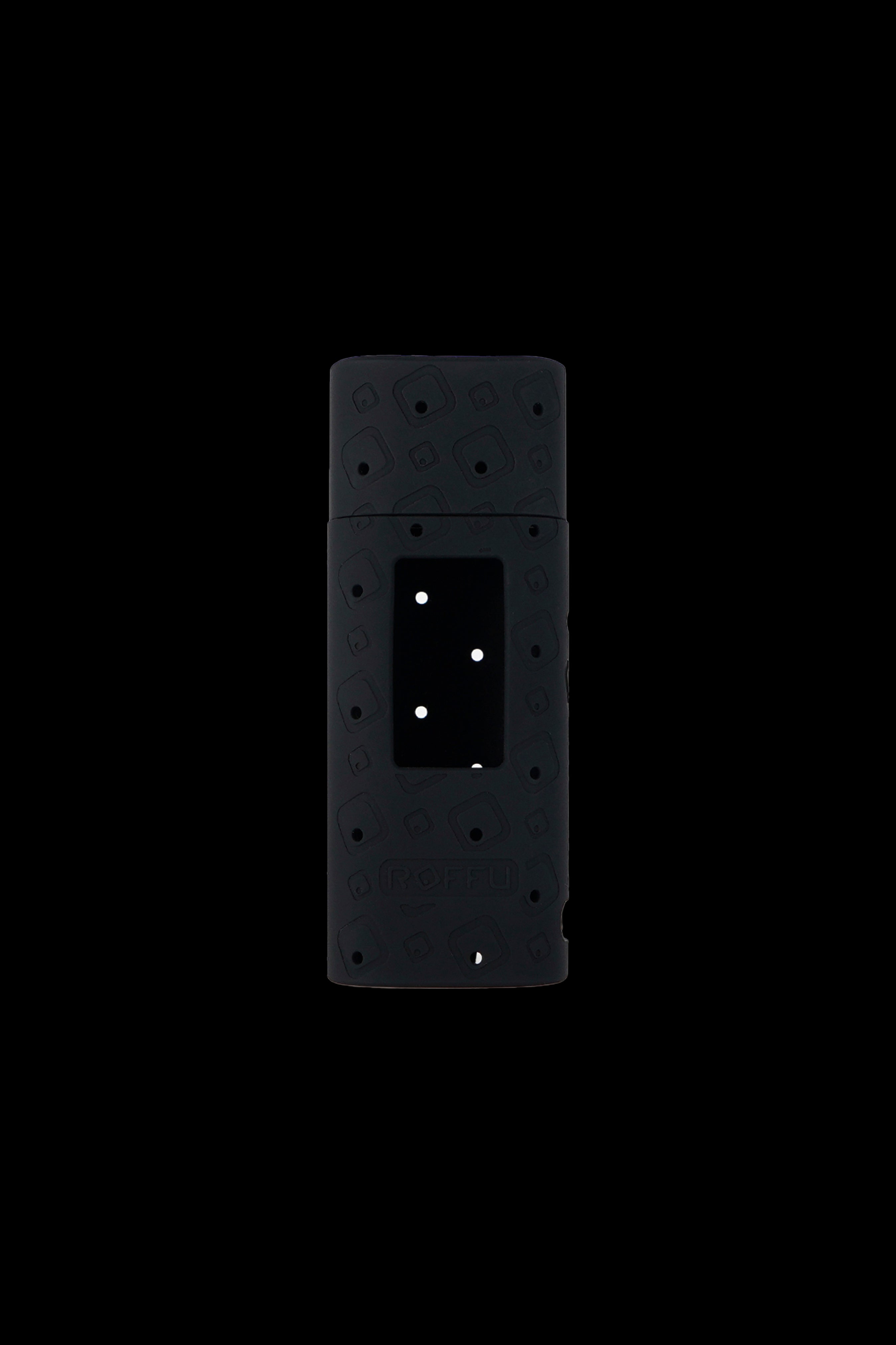 Black silicone case for a cannabis vape pen, decorated with smiling face patterns.