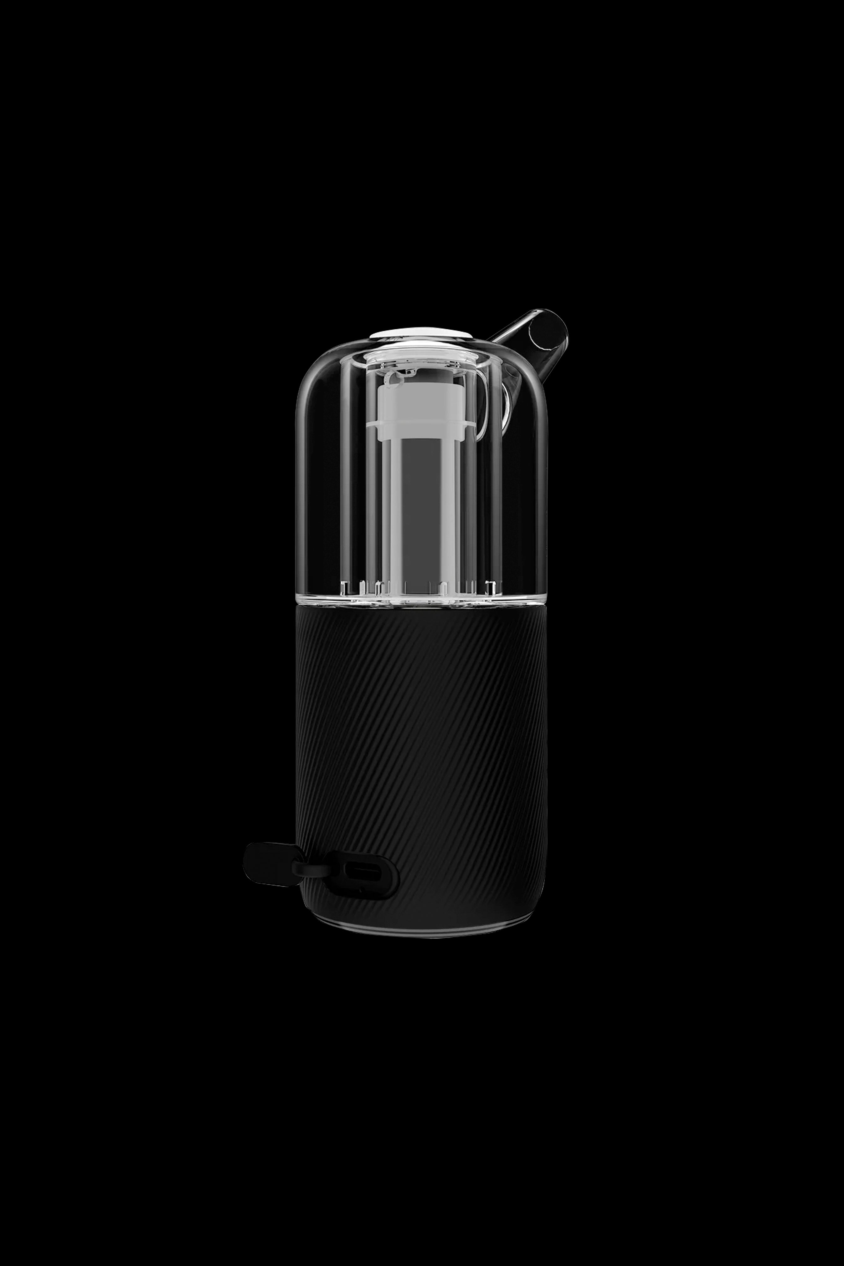 Sleek, cylindrical cannabis vaporizer with a clear glass chamber and textured black base, studio shot on black background.