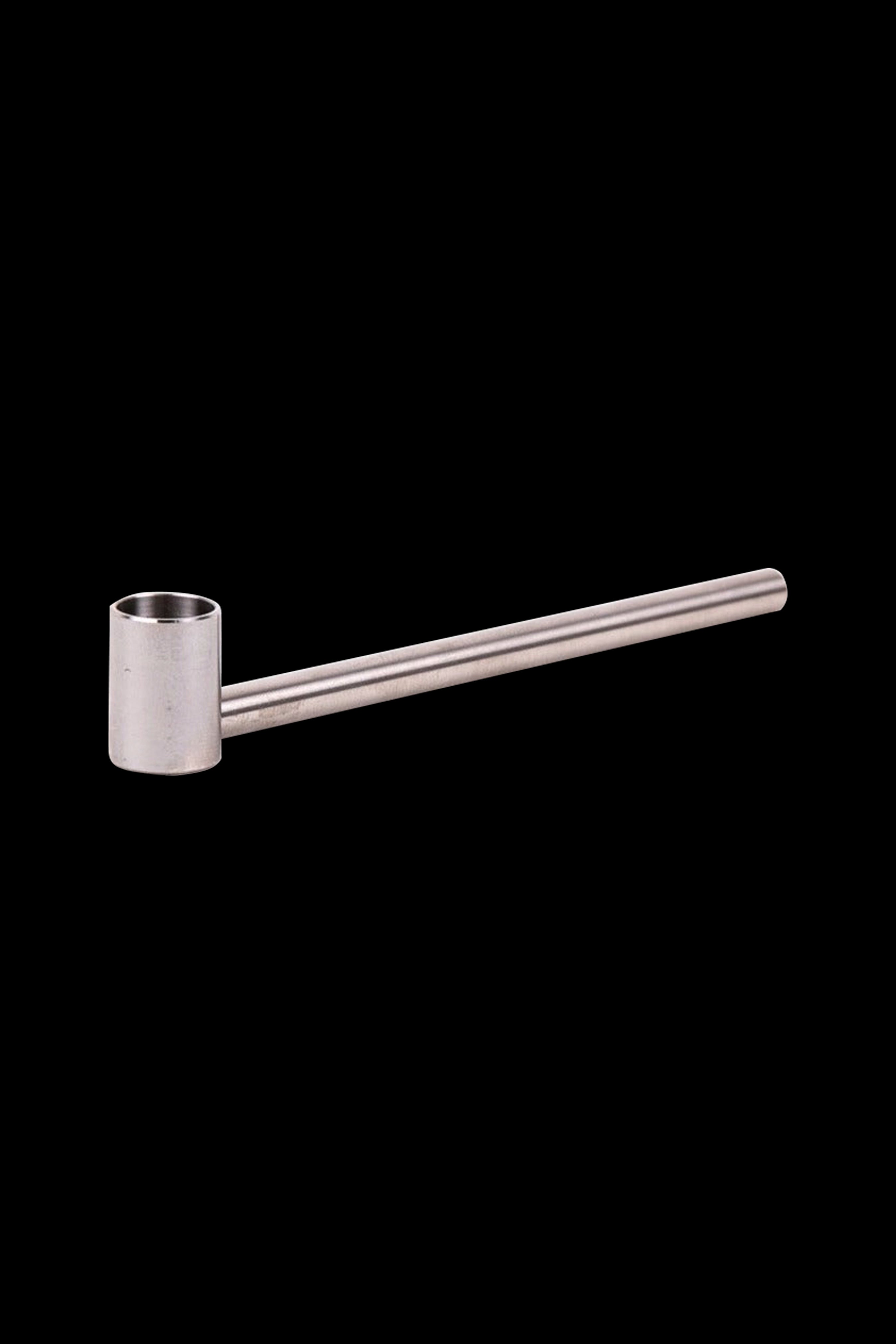 Silver one-hitter pipe isolated on a black background.