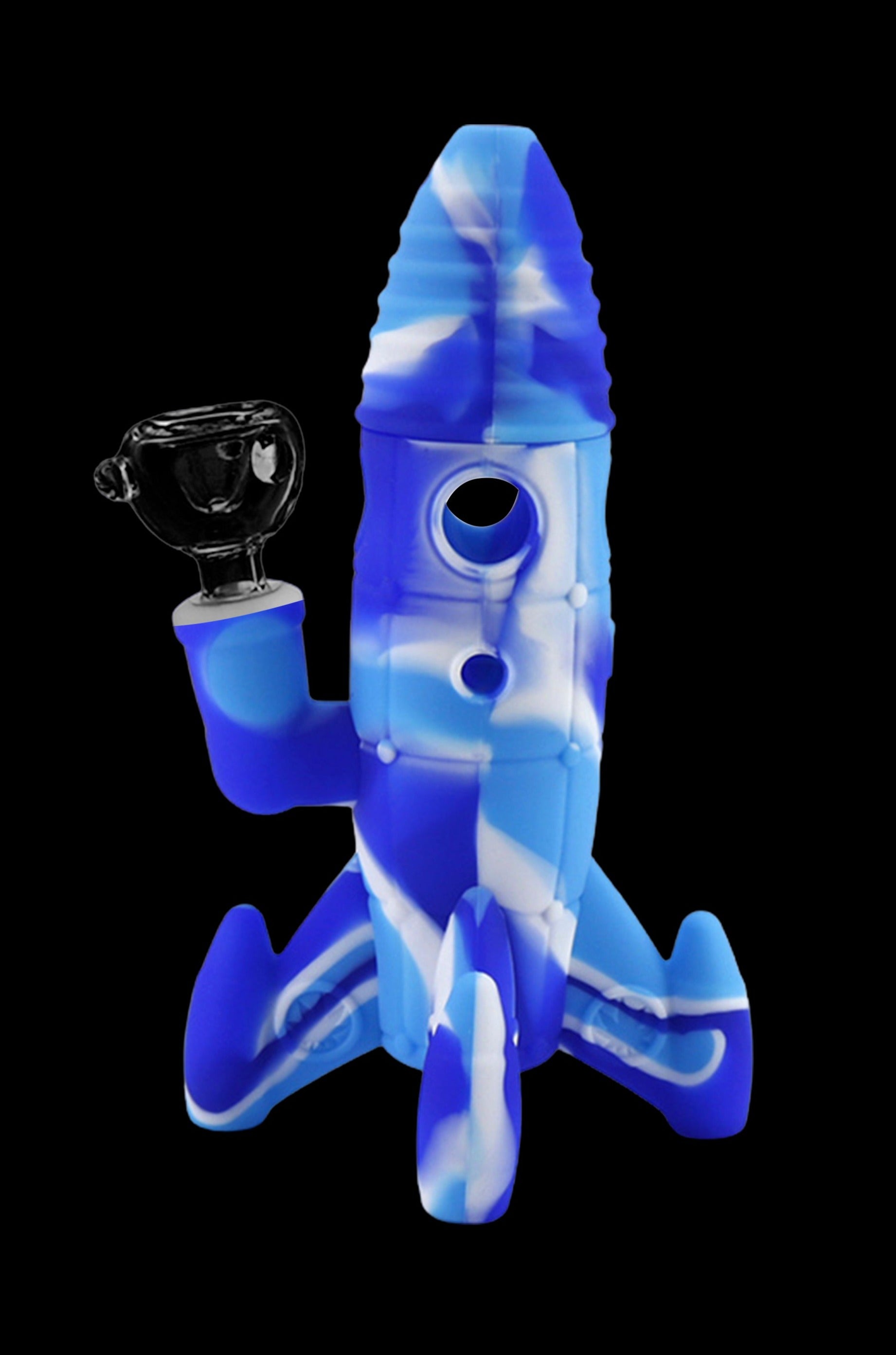 Blue and white silicone water pipe shaped like a rocket ship.