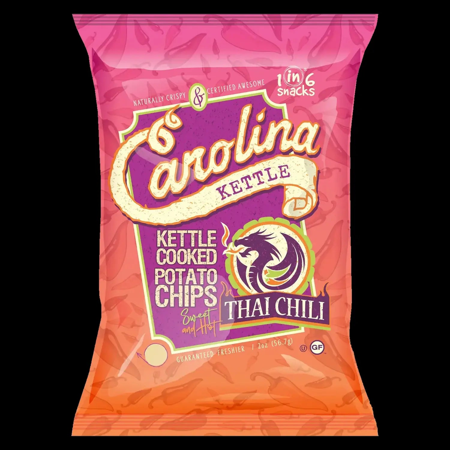 Carolina Kettle Chips bag, Thai Chili flavor, displayed with cannabis leaves.