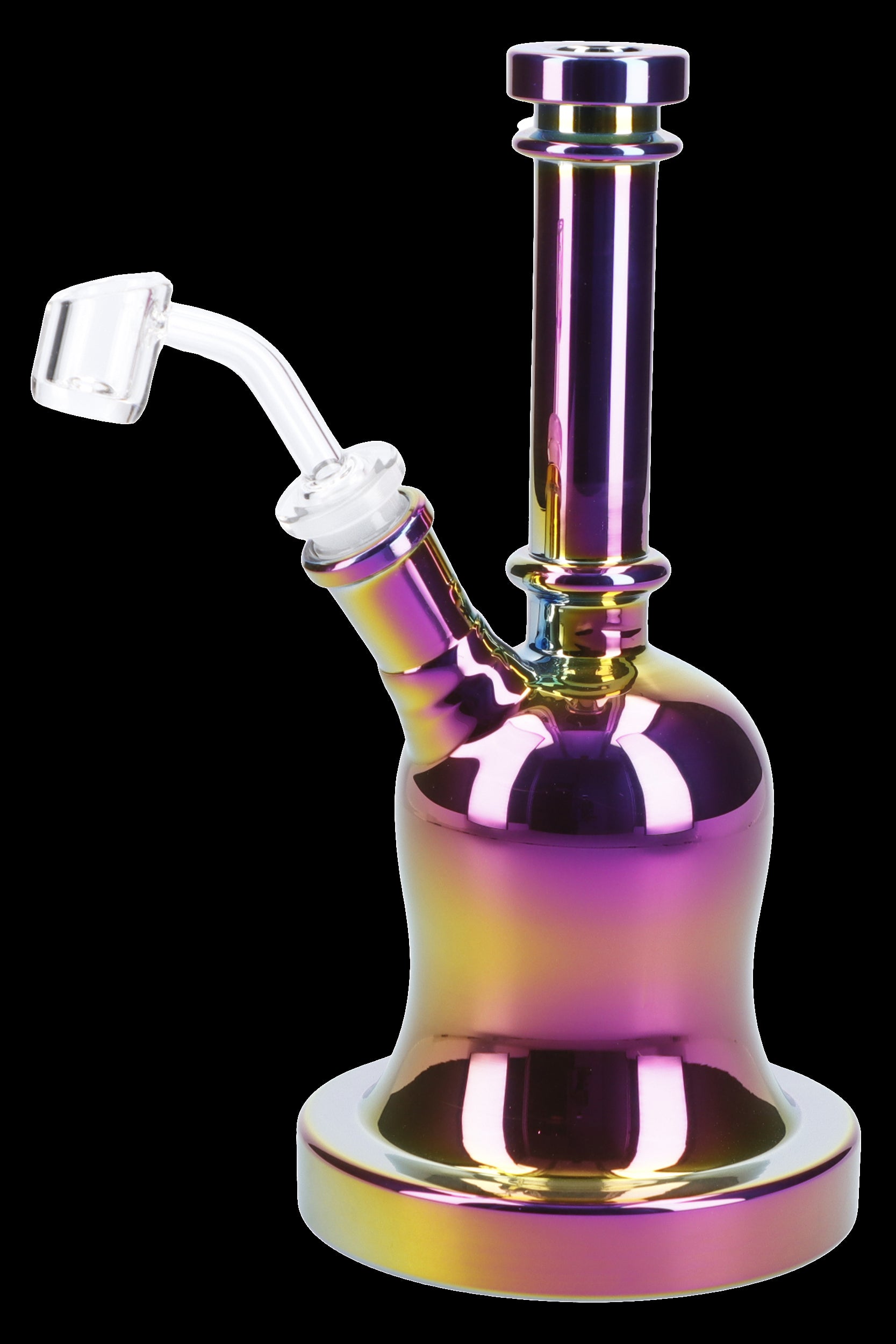 Iridescent glass dab rig with a quartz banger.