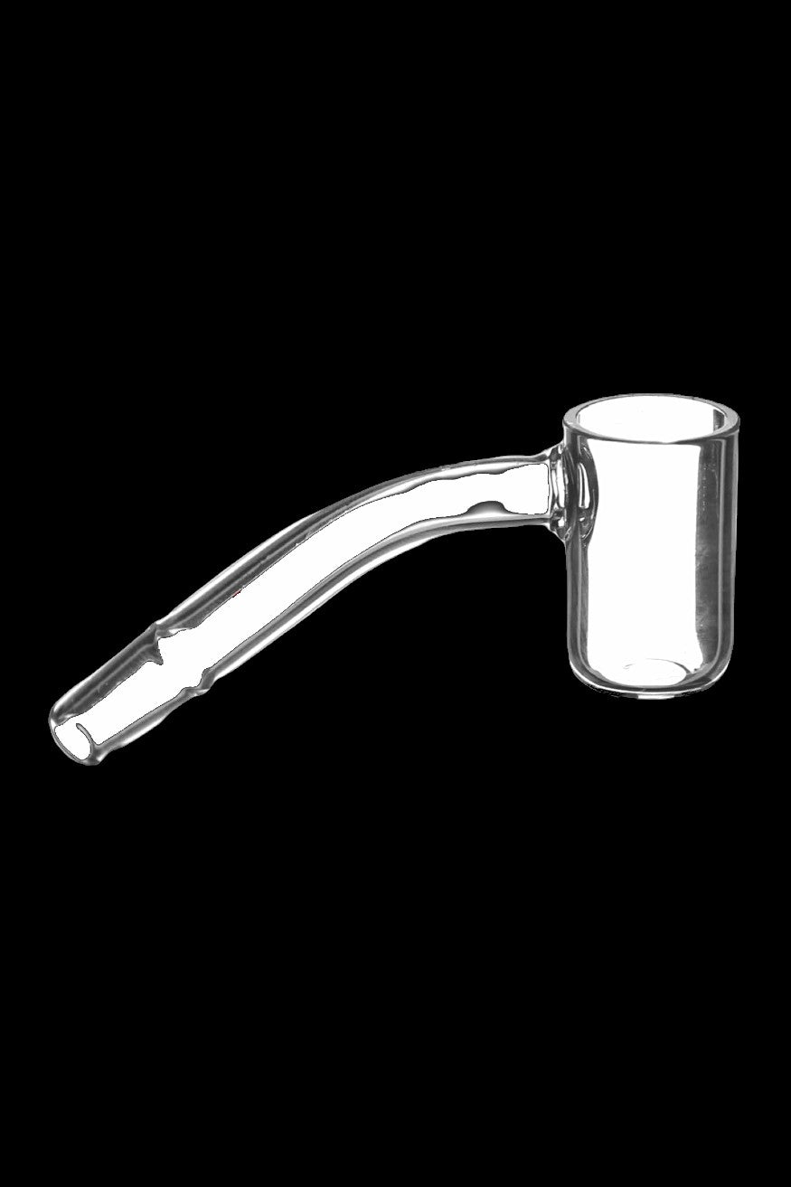 Clear glass dab rig with curved mouthpiece.