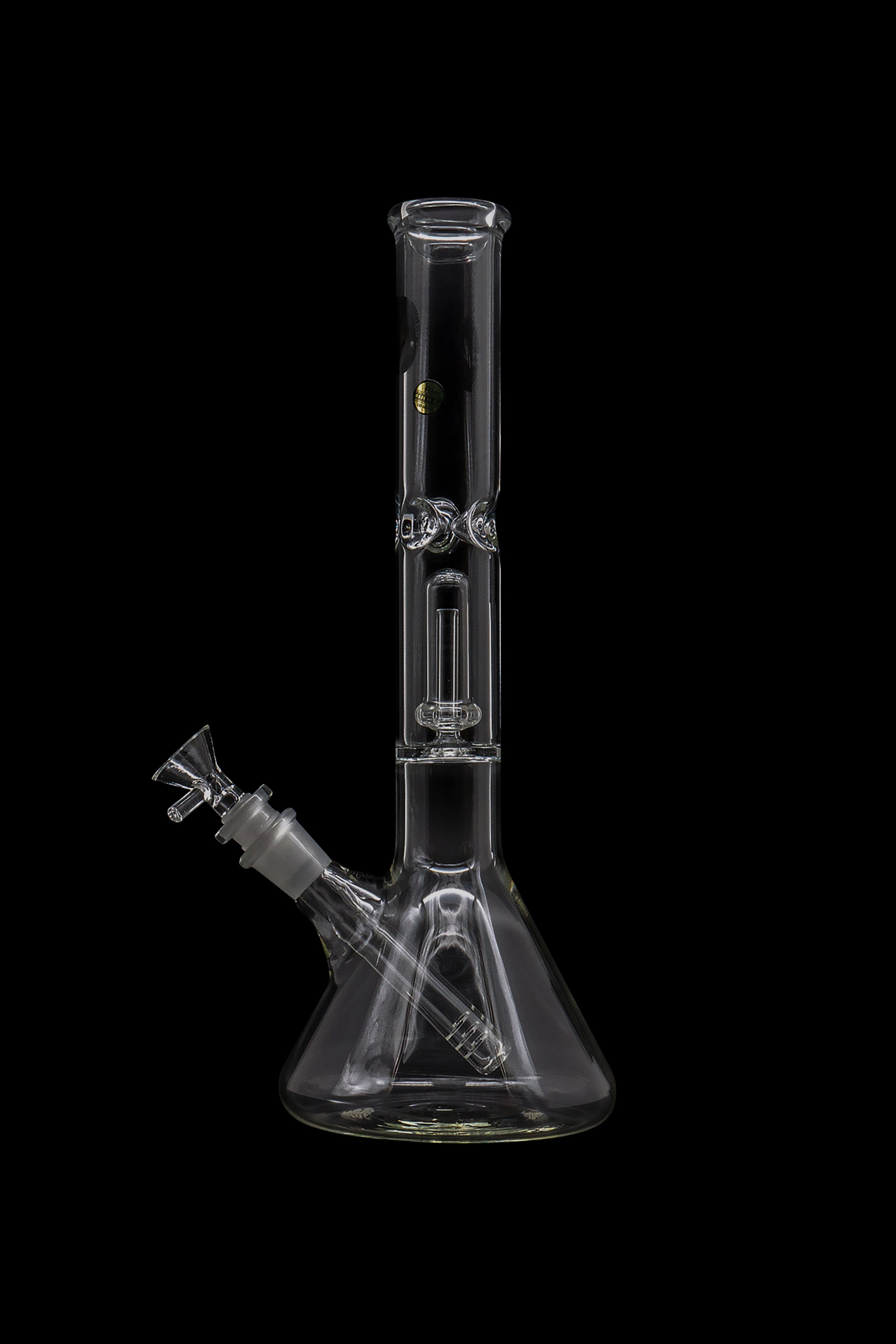 Clear glass bong with intricate percolators, isolated on a black background.