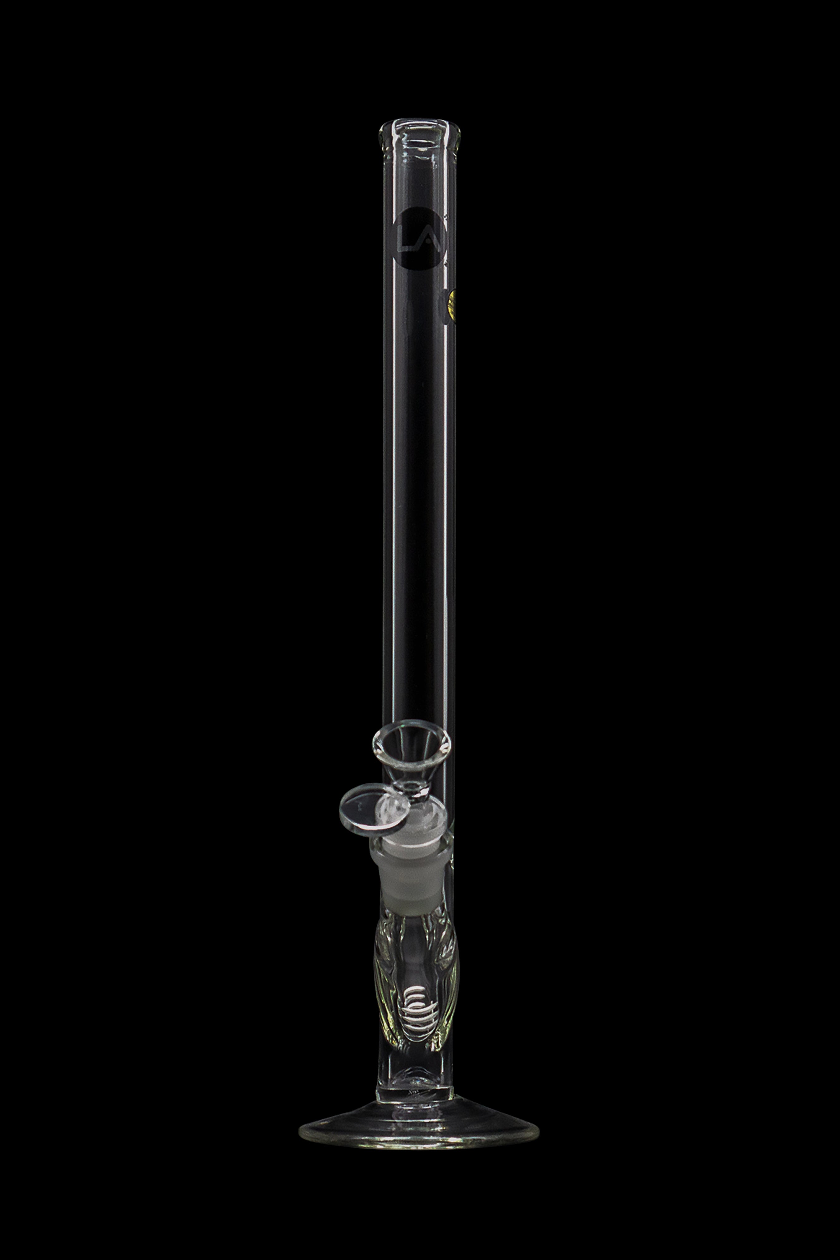 Clear glass water pipe (bong) with ice catch and diffuser downstem, isolated on black.