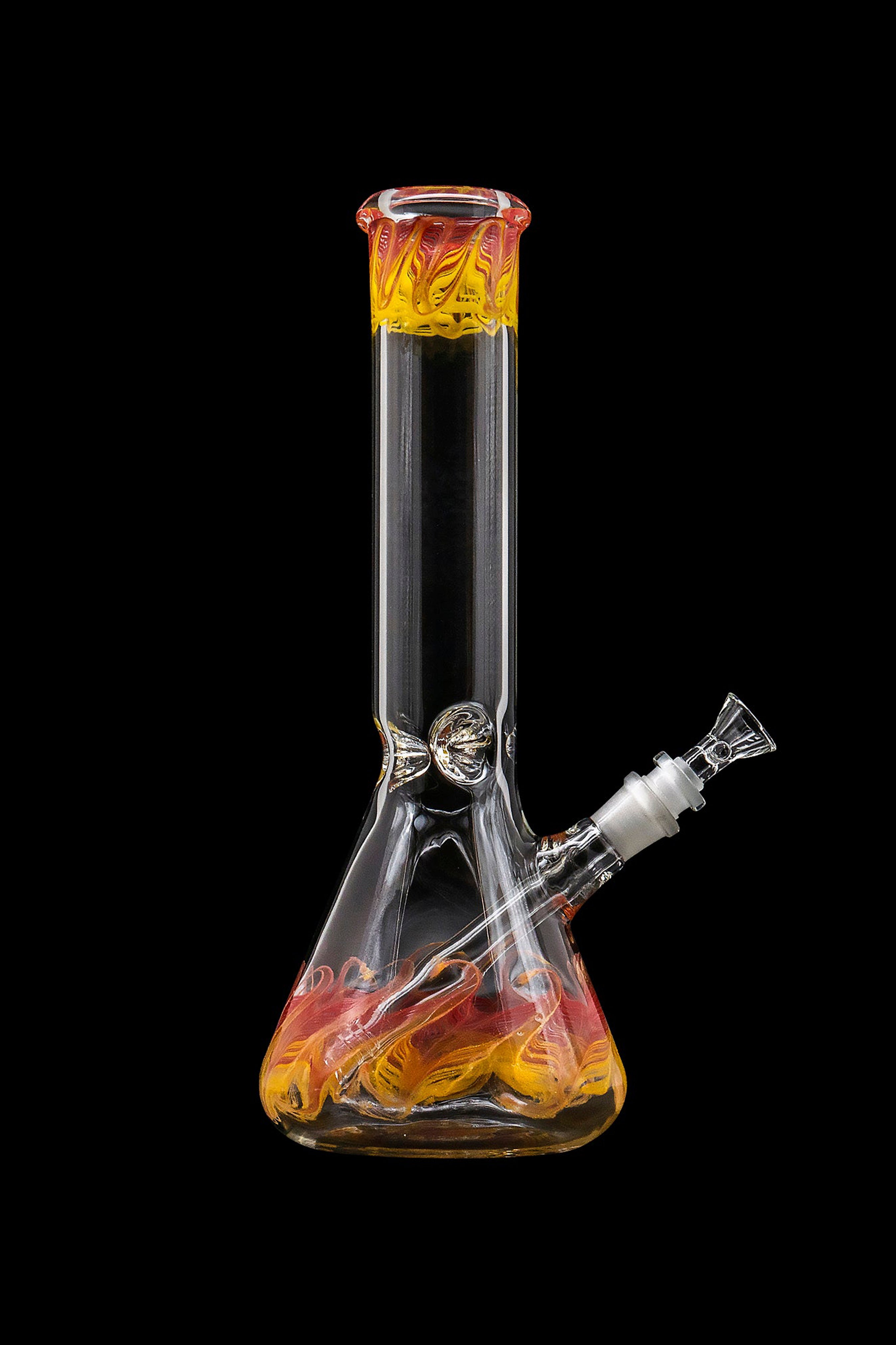 Glass water pipe (bong) with orange and yellow swirl design against a black background.