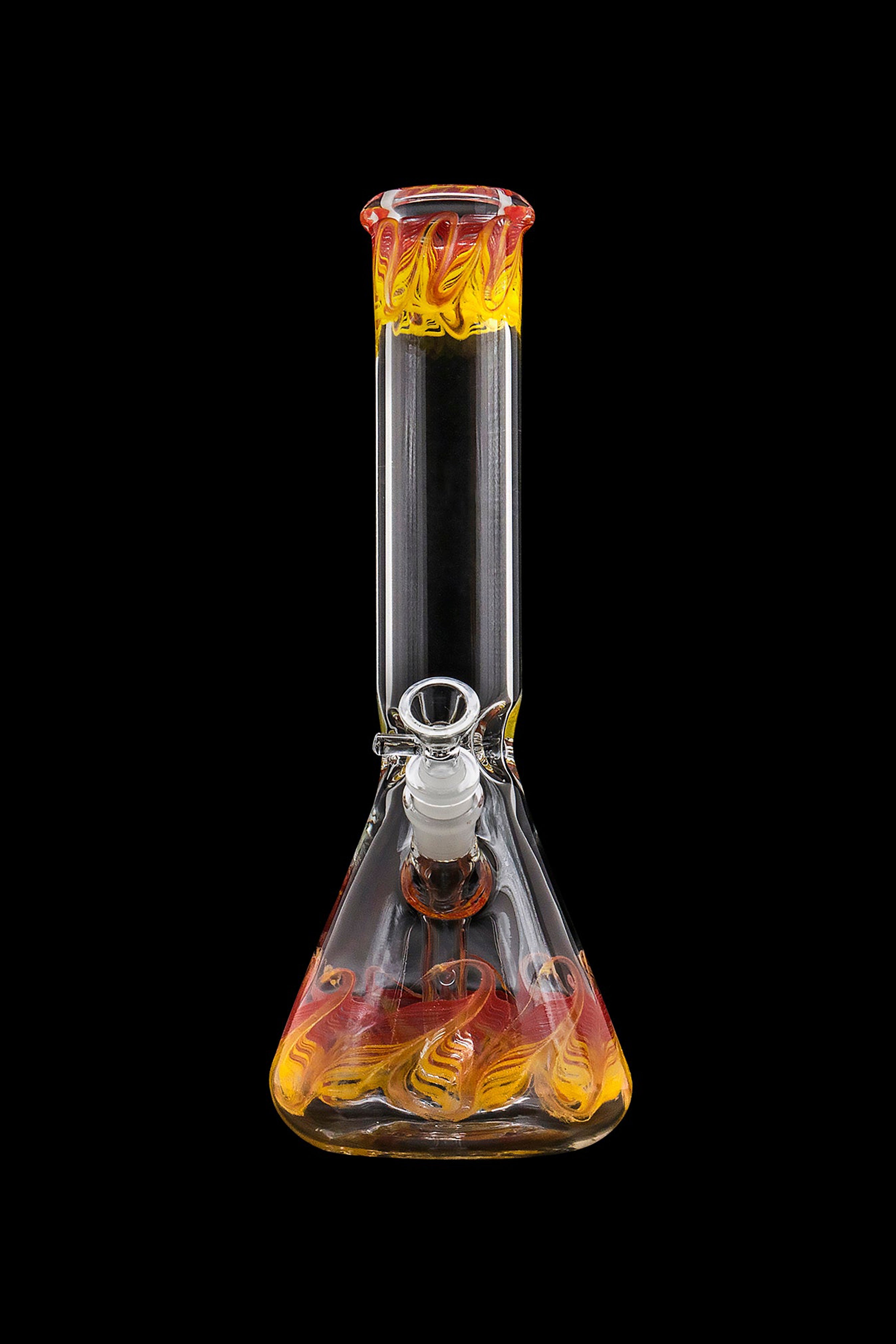 Glass water pipe (bong) with orange and yellow swirling designs, isolated on a black background.