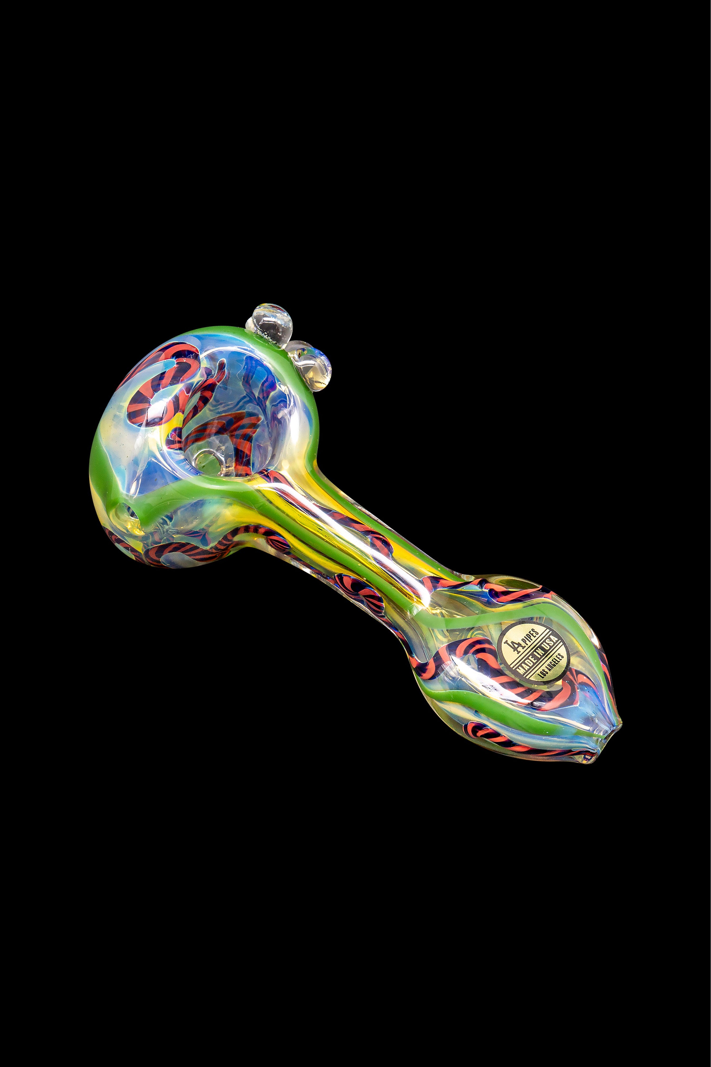 Hand-blown glass pipe with colorful swirls and patterns.