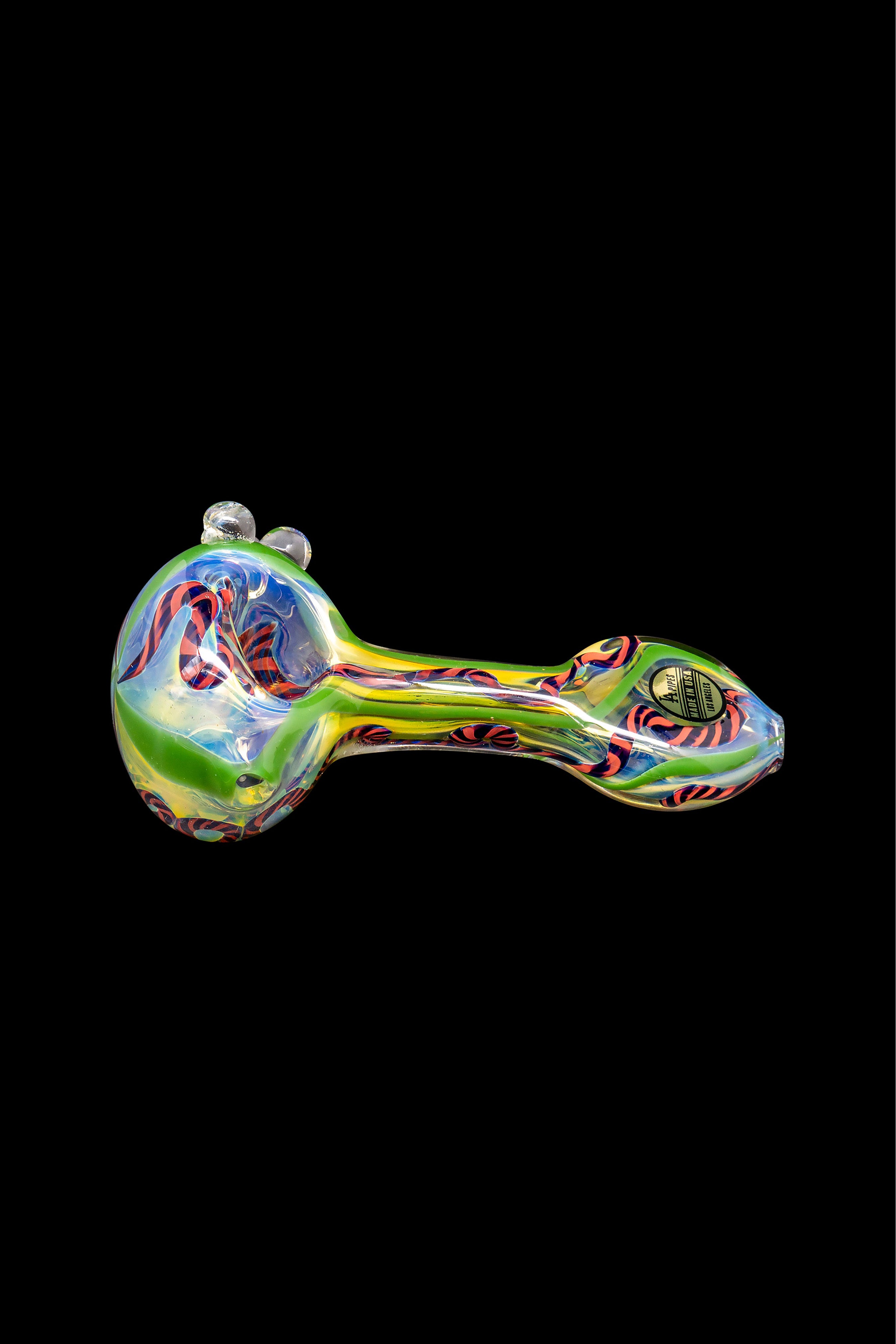Glass cannabis pipe with iridescent, colorful swirls.
