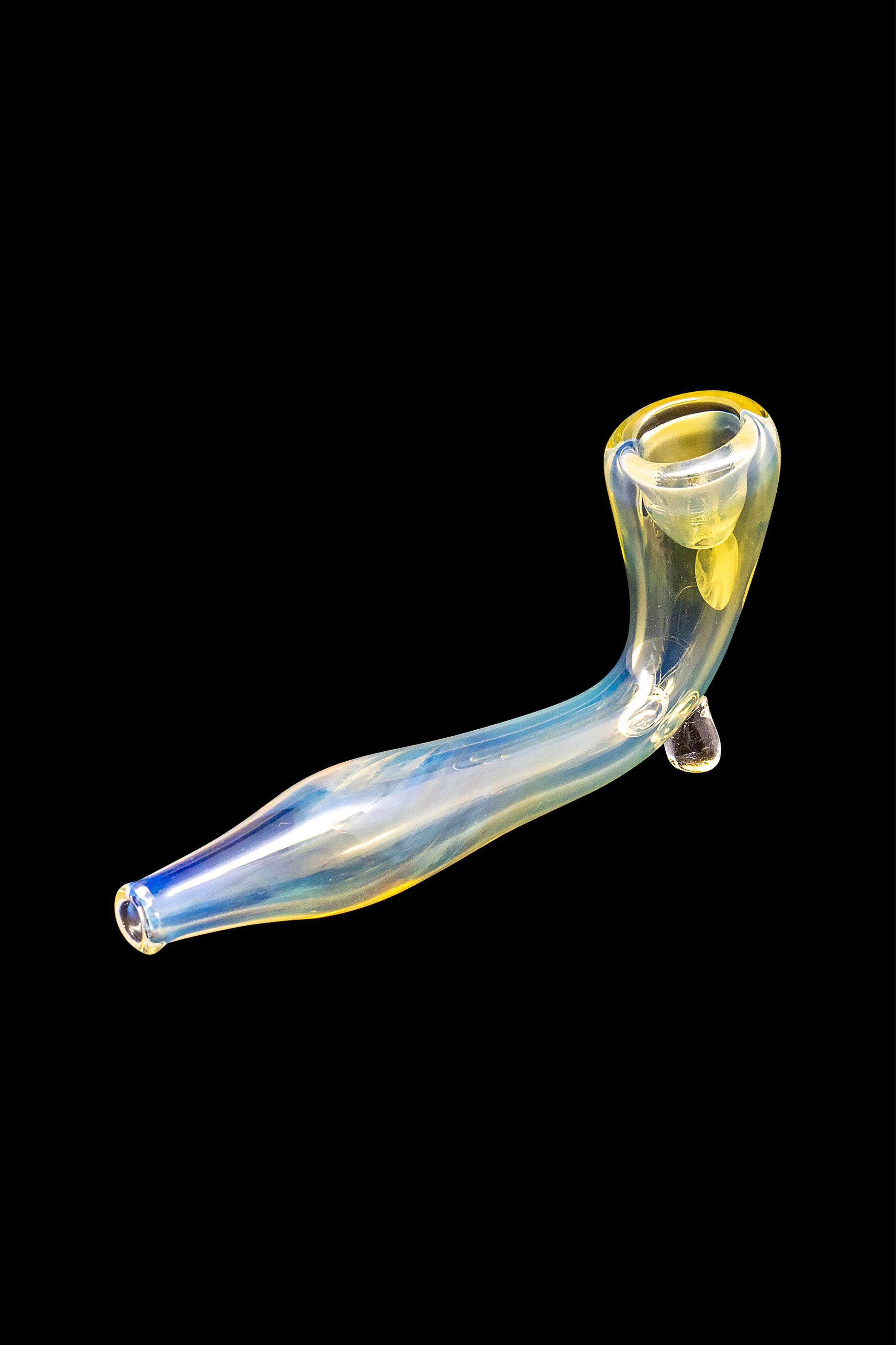 Glass cannabis pipe with iridescent yellow and blue swirls against a black background.