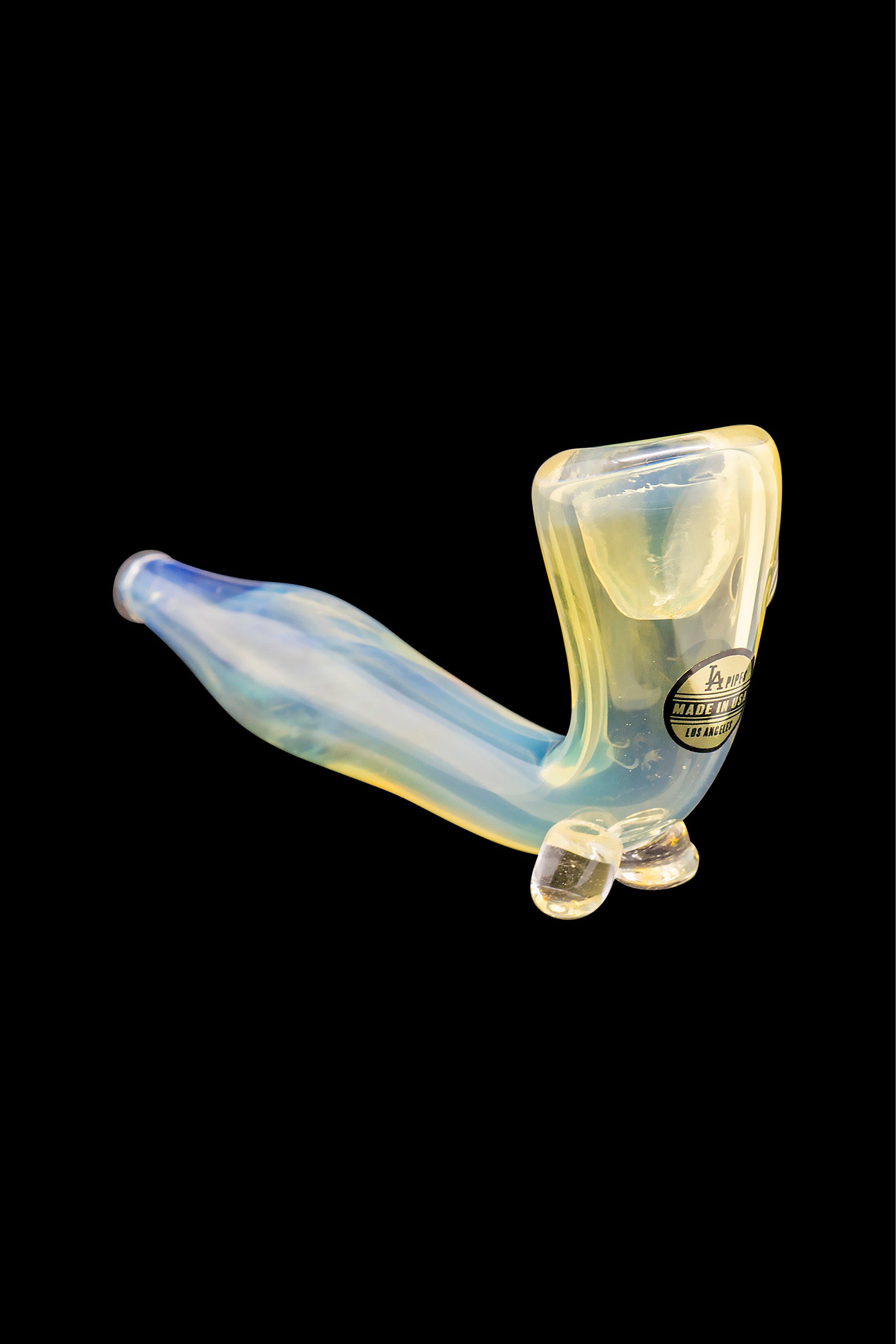Iridescent glass cannabis pipe on a black background.