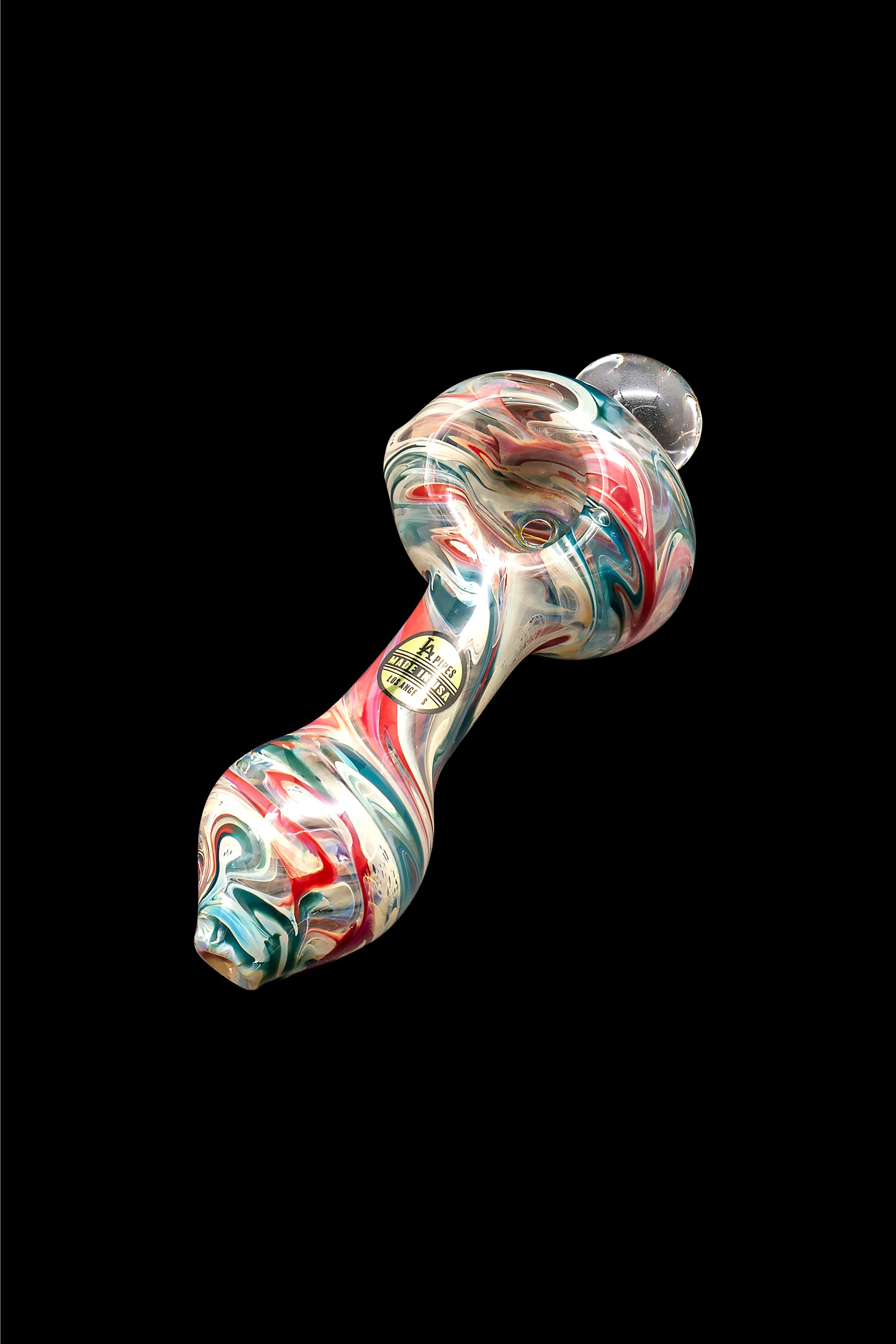 Hand-blown glass cannabis pipe with colorful swirls.