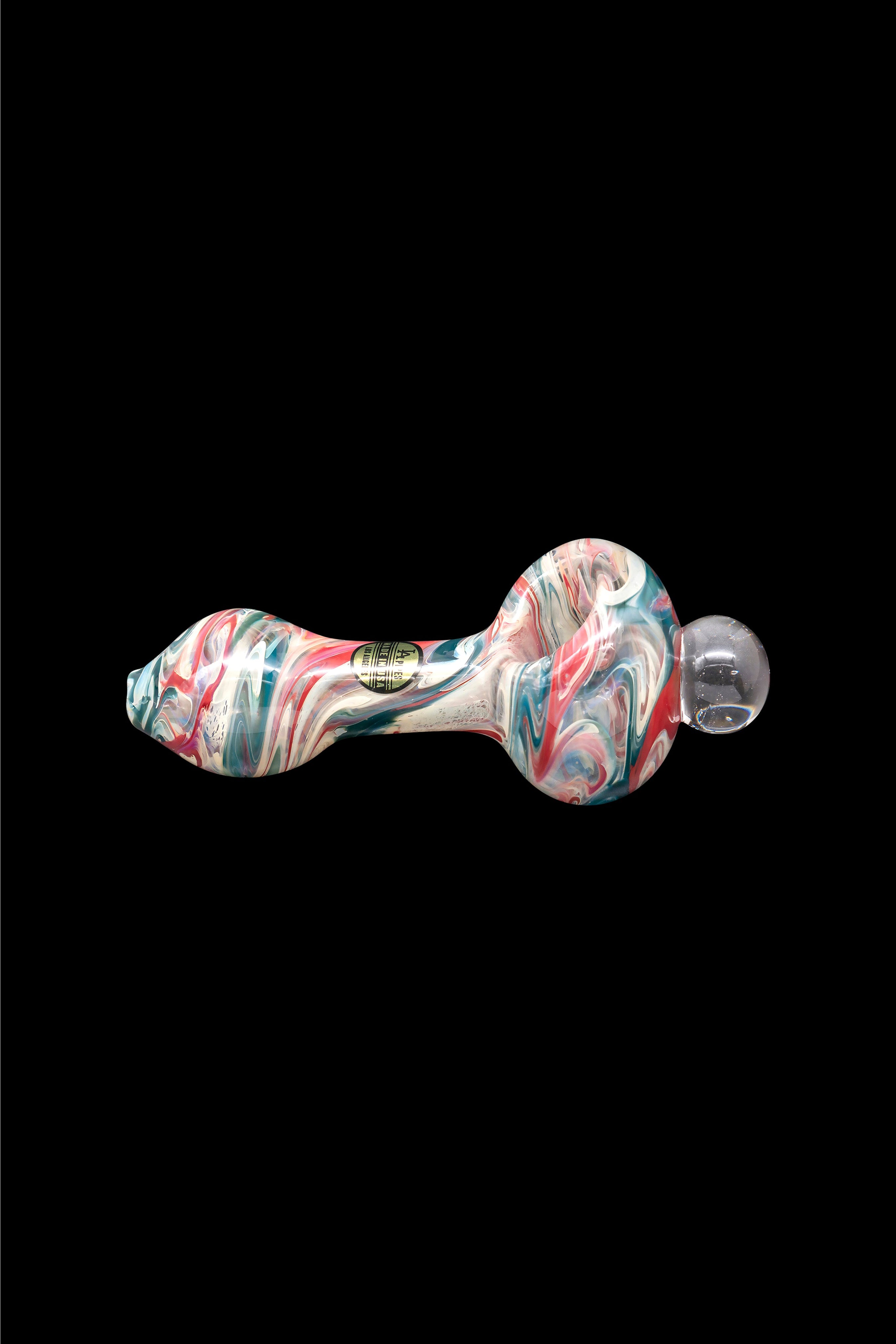Hand-blown glass pipe with red, white, and green swirl pattern.