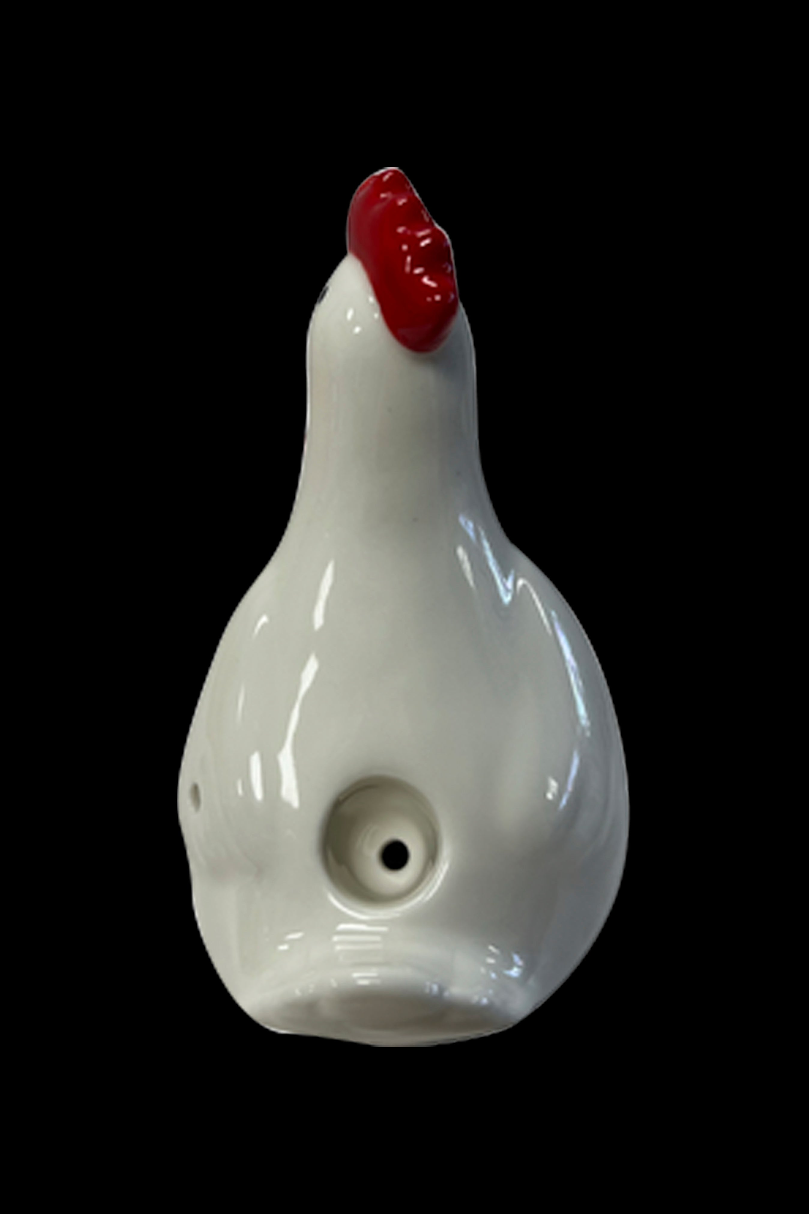 White ceramic pipe shaped like a rooster with a red comb.