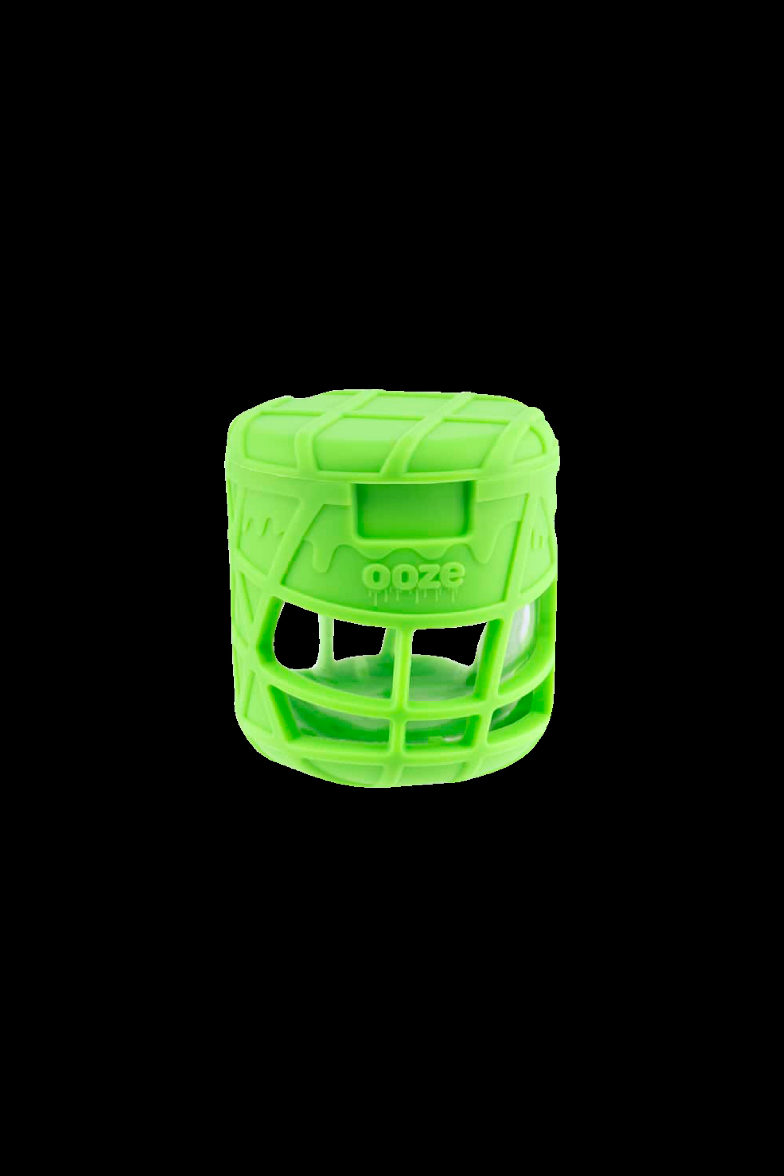 Bright green silicone protective case for a cannabis concentrate vaporizer, branded "ooze."