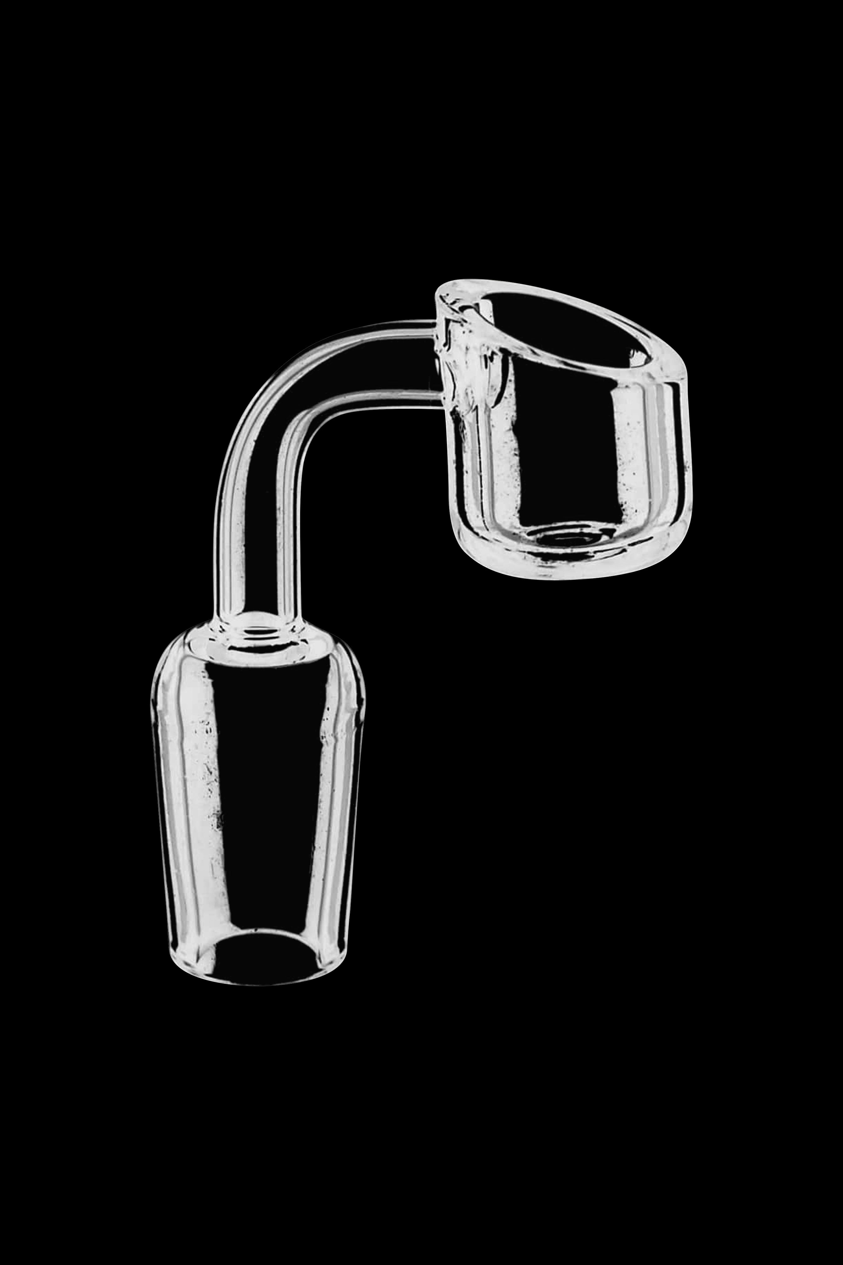 Clear quartz dab nail with curved neck, isolated on black.