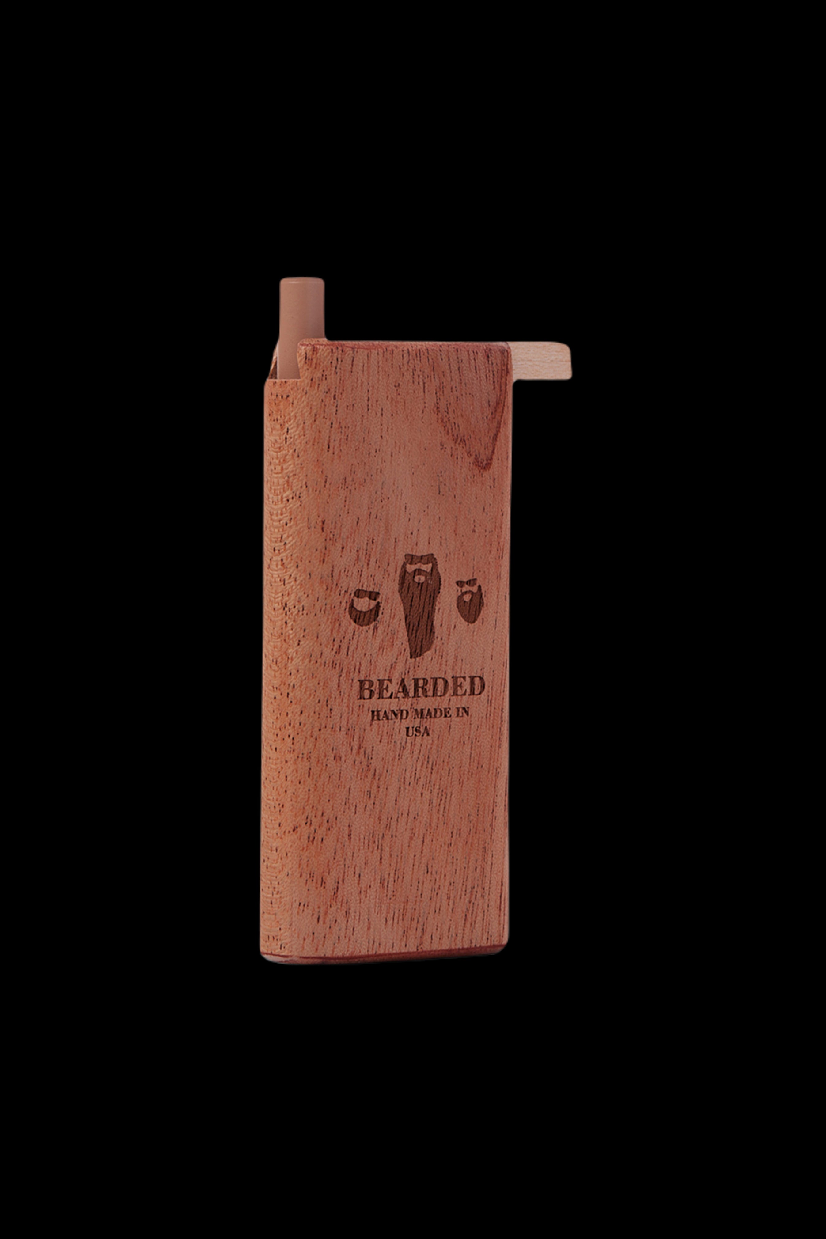 Wooden one-hitter pipe with “Bearded” logo, handmade in USA.