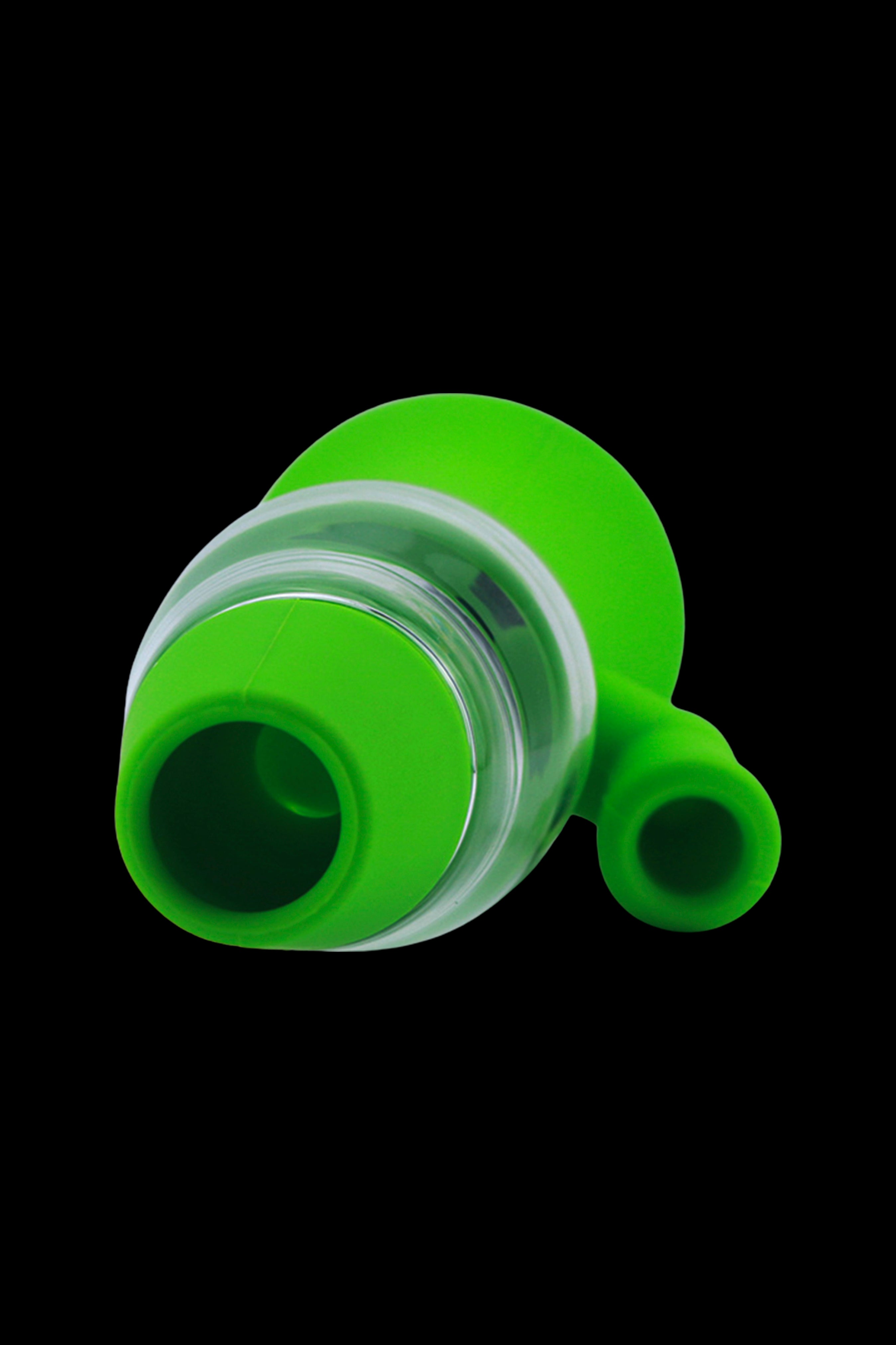 Green glass cannabis bubbler against a black background.
