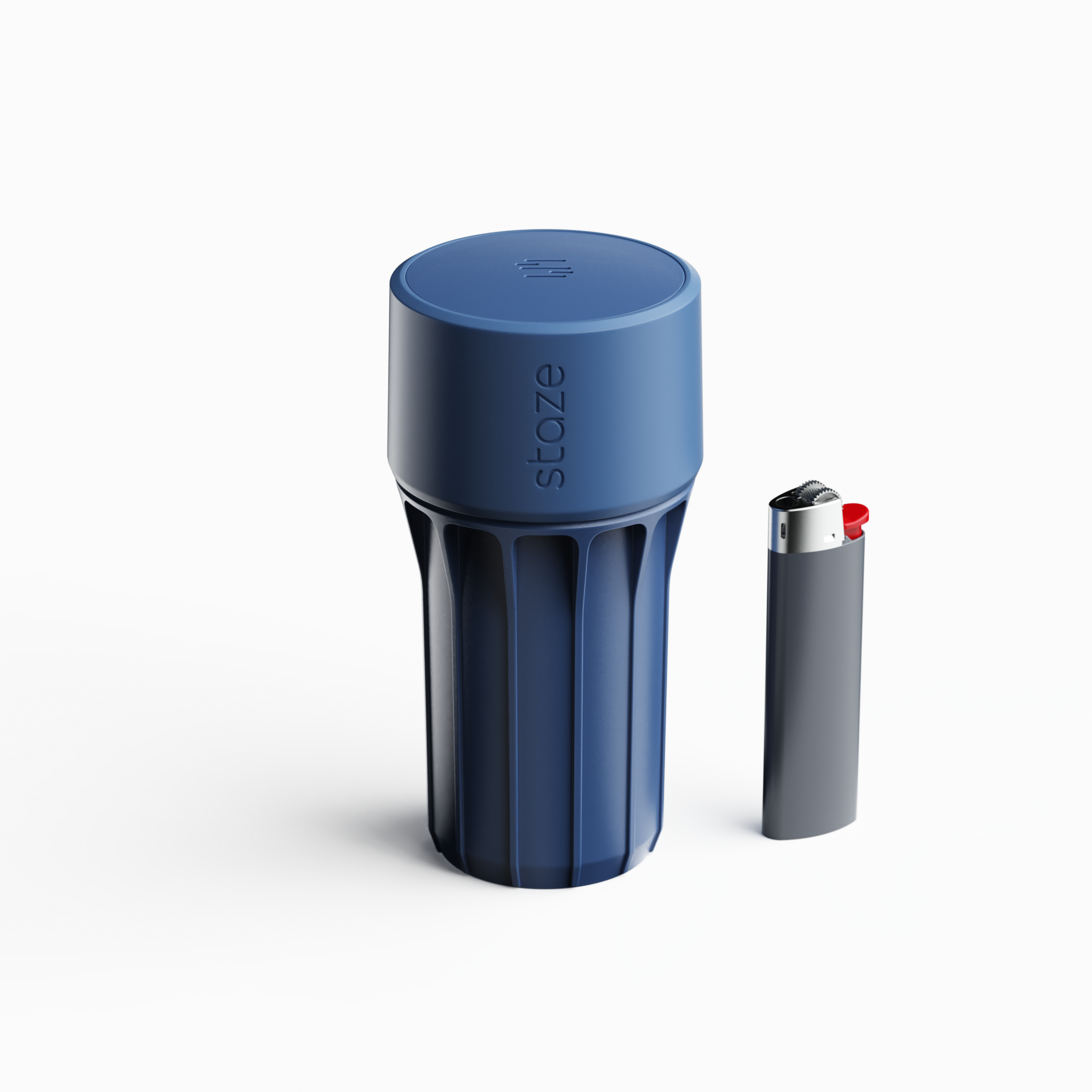Close-up front view of a blue STAZE PRESERVE cap and portion of its cylindrical body against a white background.