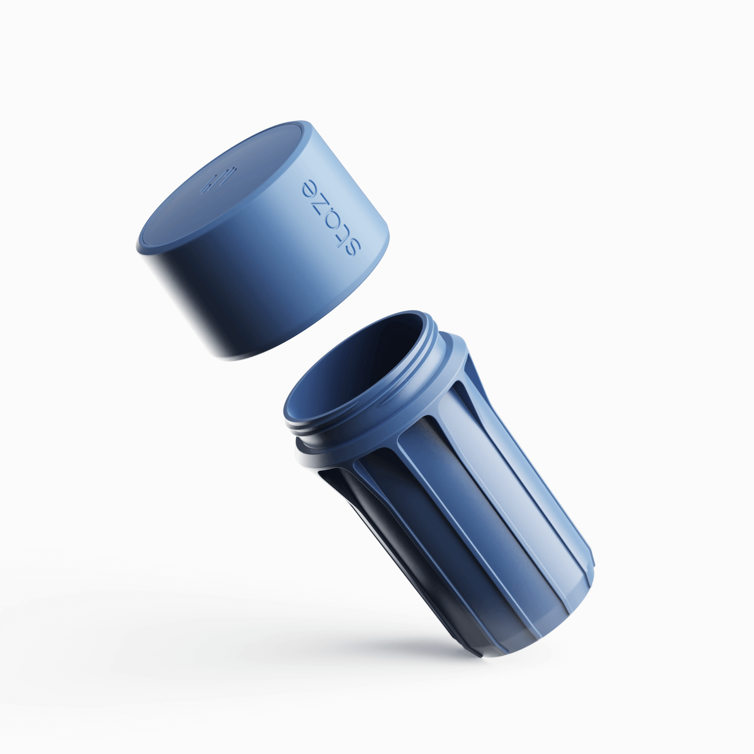 Angled close-up of the blue STAZE PRESERVE lid and threaded body section floating against a white background.
