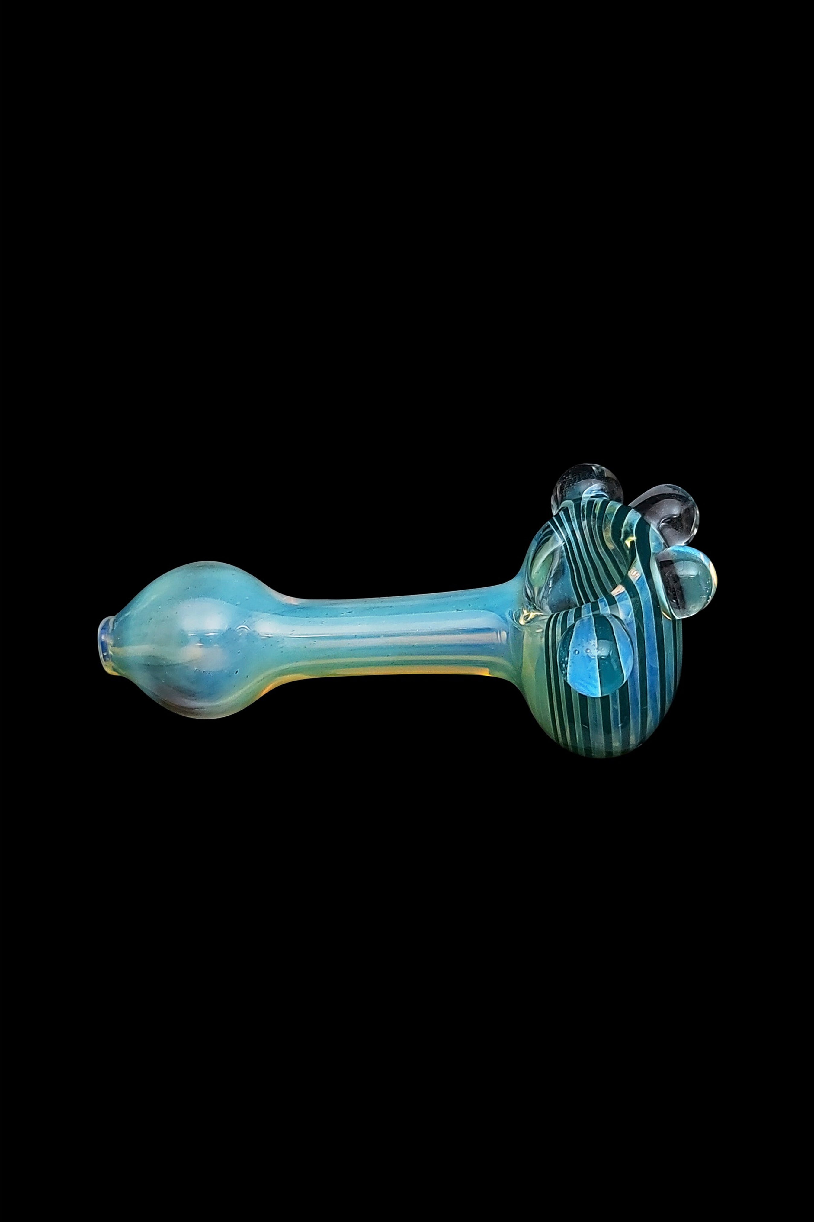 Hand-blown glass pipe with teal and blue swirls.