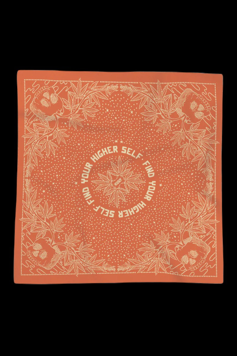 Orange bandana with repeating cannabis leaf and floral design encircling text reading “Find Your Higher Self.”