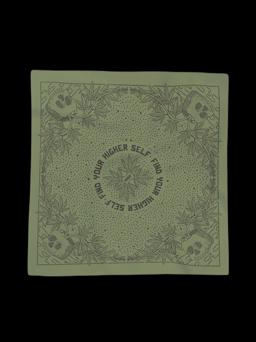 Glowing green patterned bandana with cannabis leaf and skull designs encircling text that reads “Find Your Higher Self.”