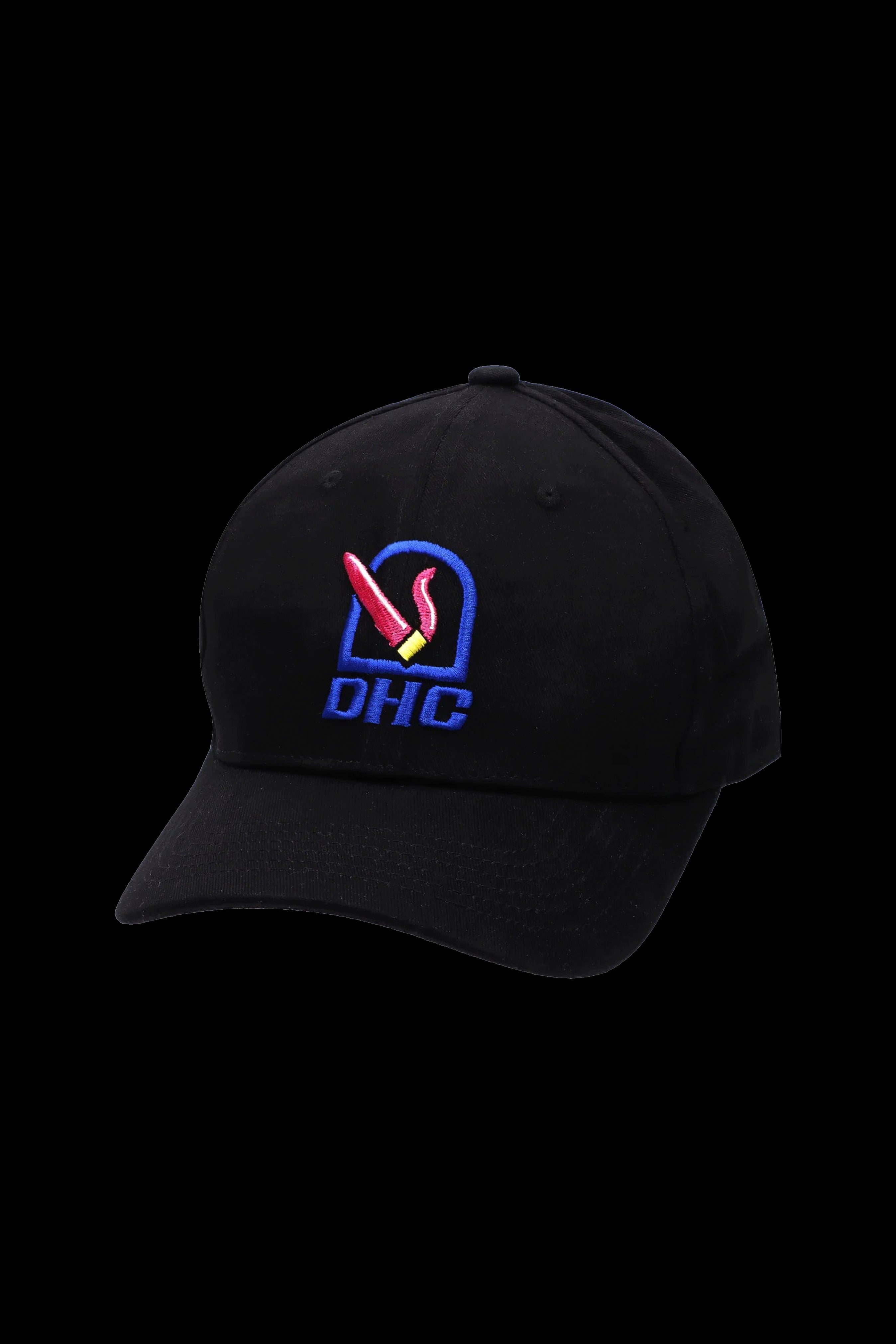Black baseball cap with a blue and red cannabis leaf logo and "DHC" text embroidered on the front.