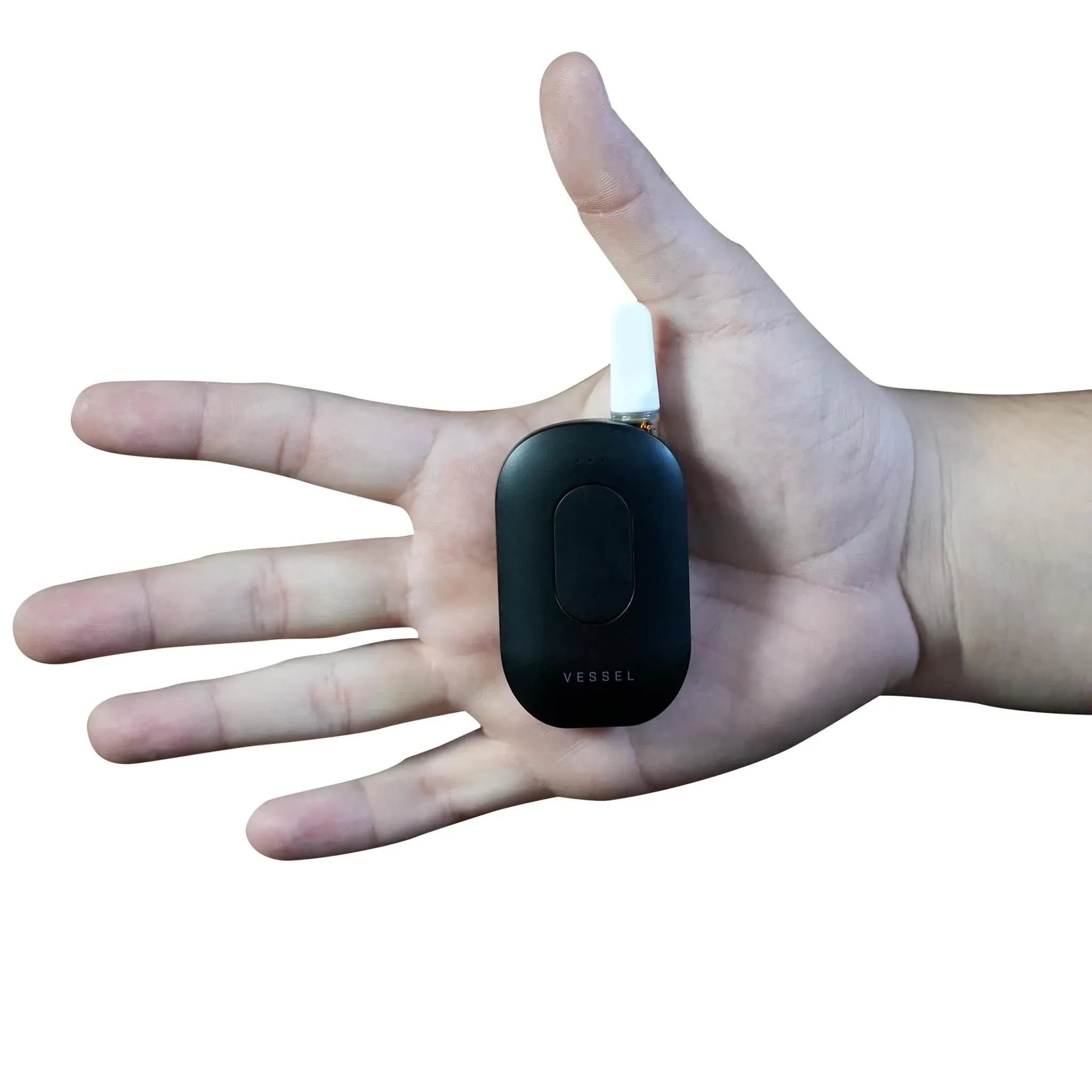 Hand-held front view of a black Freeze Pipe Vape Pen resting on an open palm against a white background.