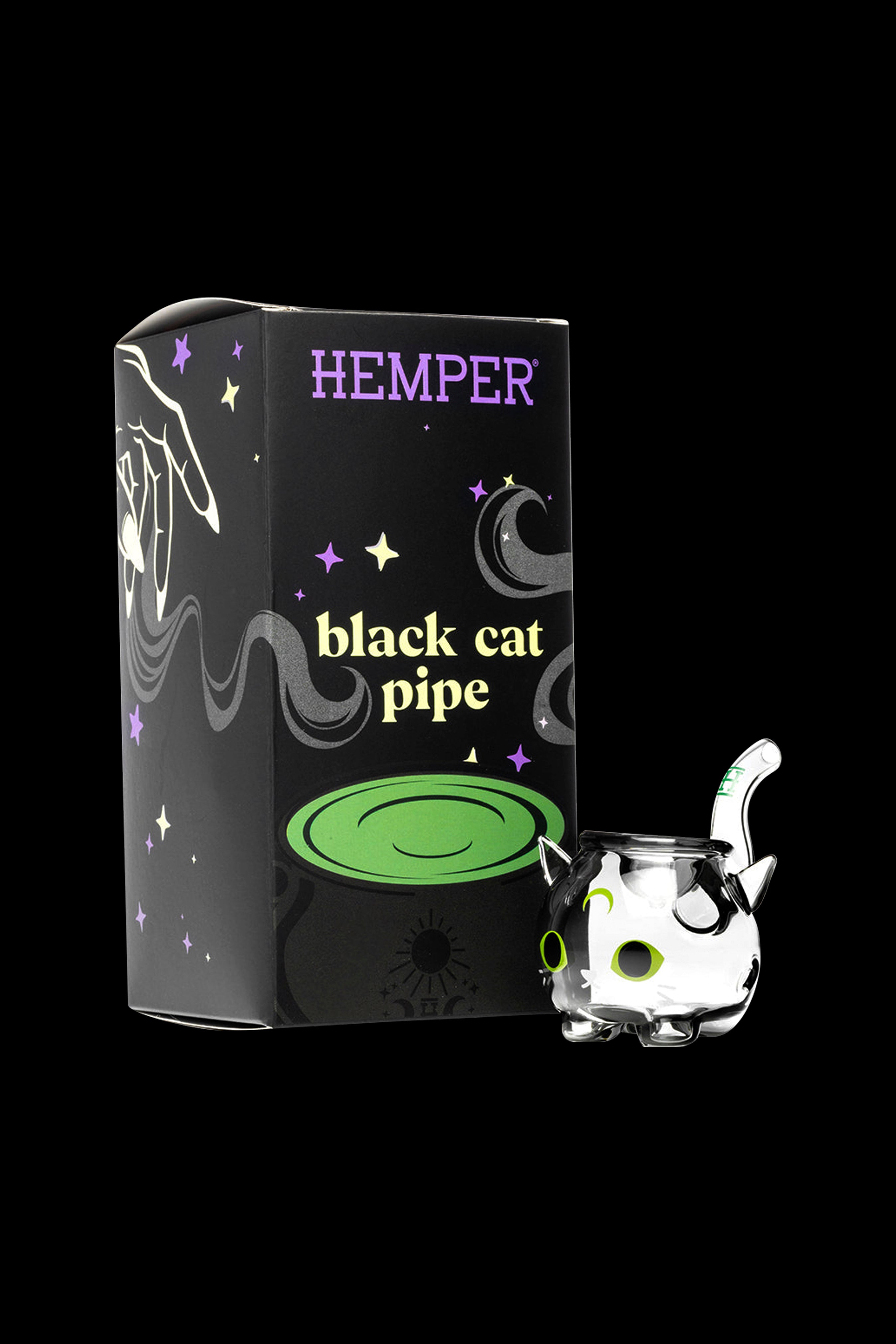 A glass pipe shaped like a cat's head with green accents, displayed with its branded packaging.