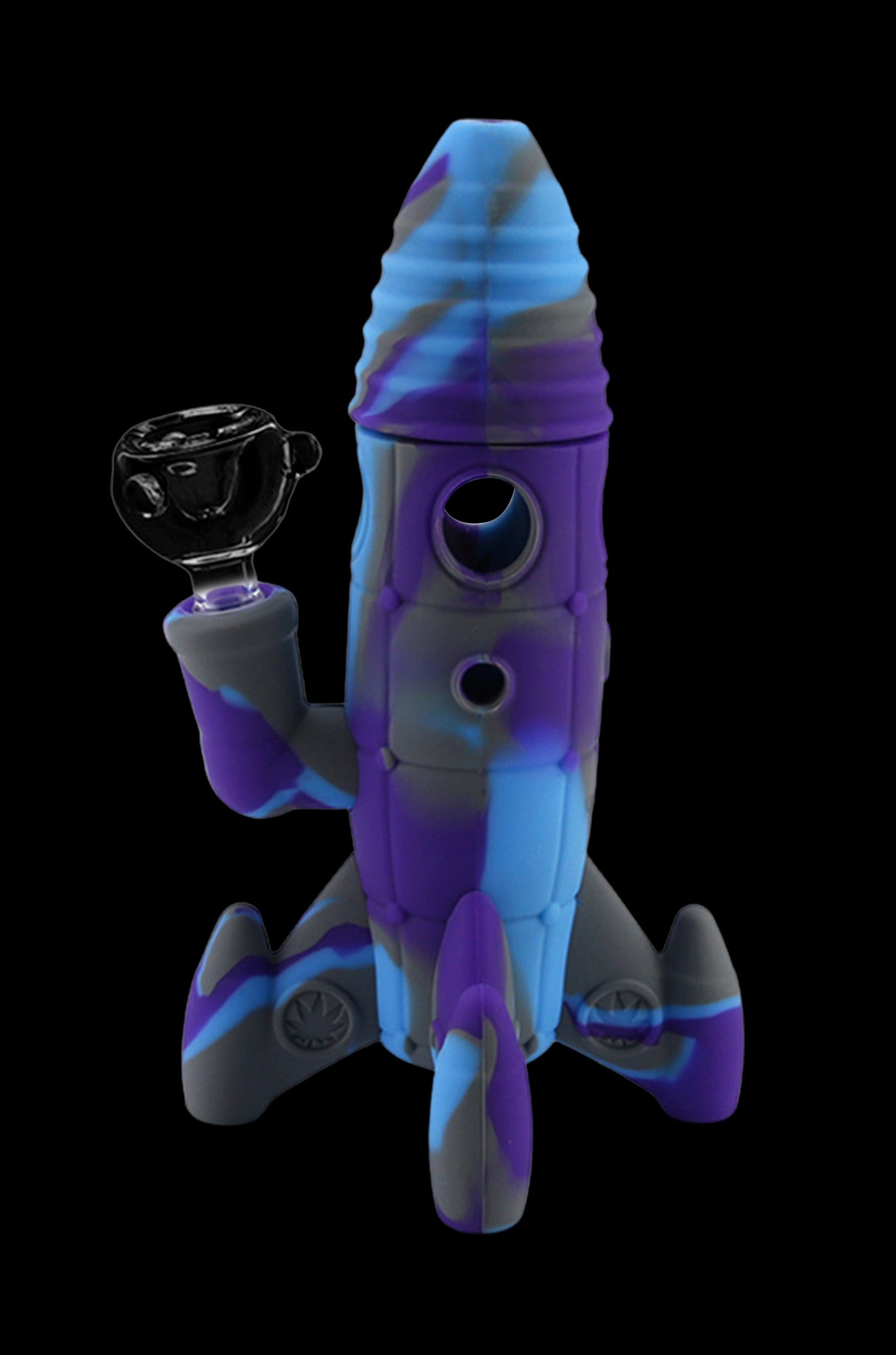 Silicone water pipe shaped like a rocket ship with a glass bowl.