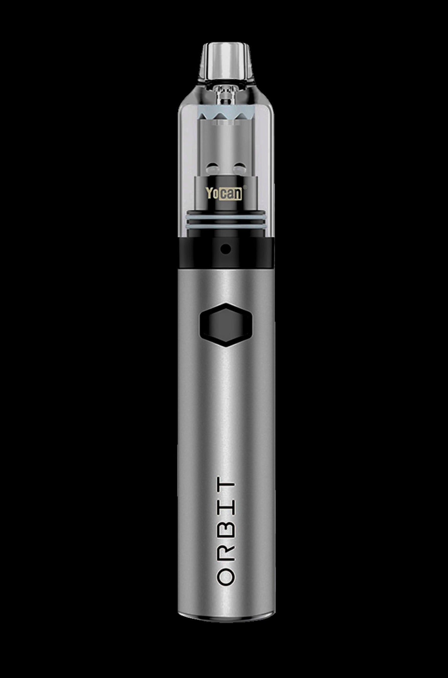 Silver Yocan Orbit portable wax vaporizer pen with a hexagonal button and “ORBIT” vertically printed on the side.