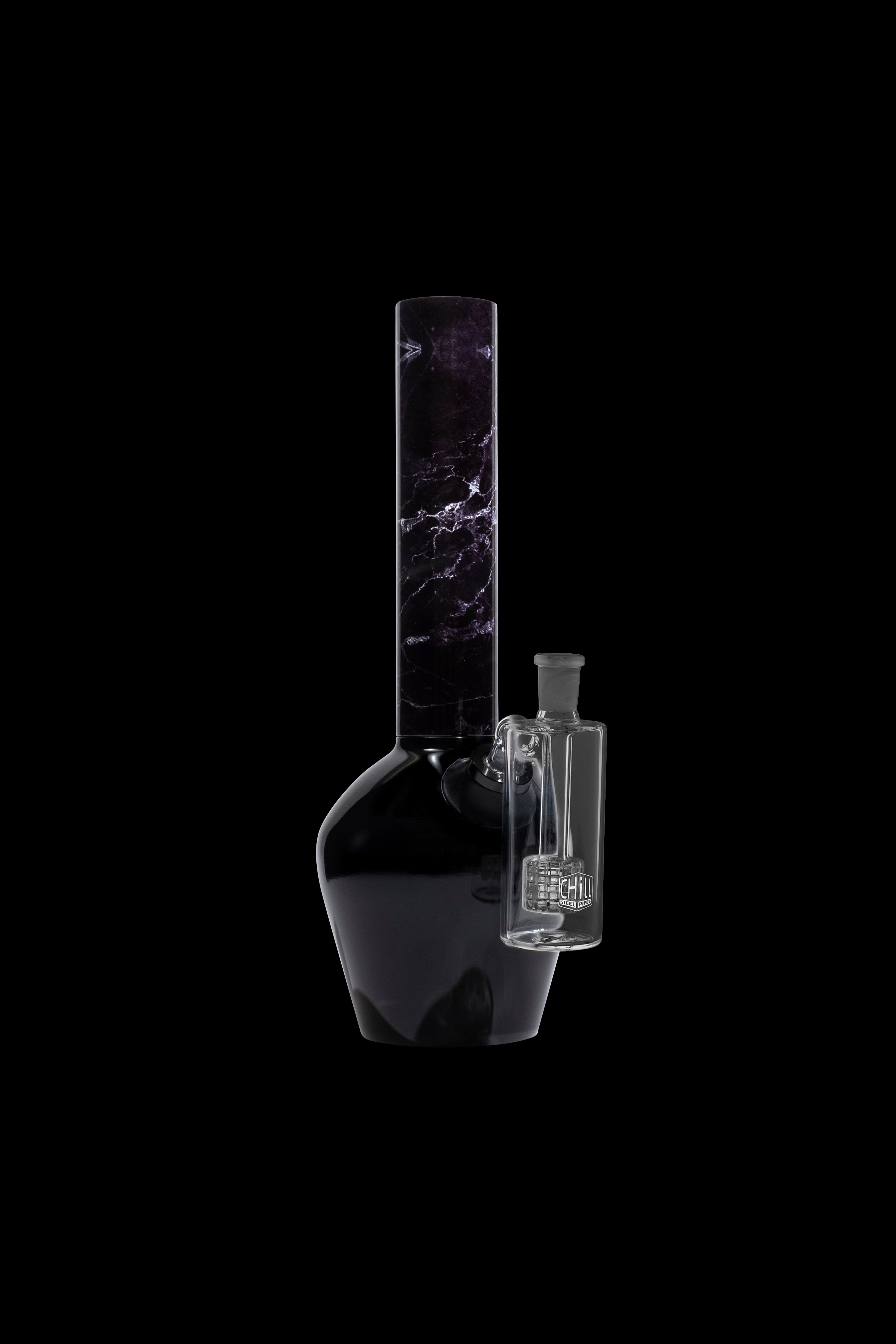 Black glass bong with intricate white patterns and a clear water chamber, isolated on a black background.