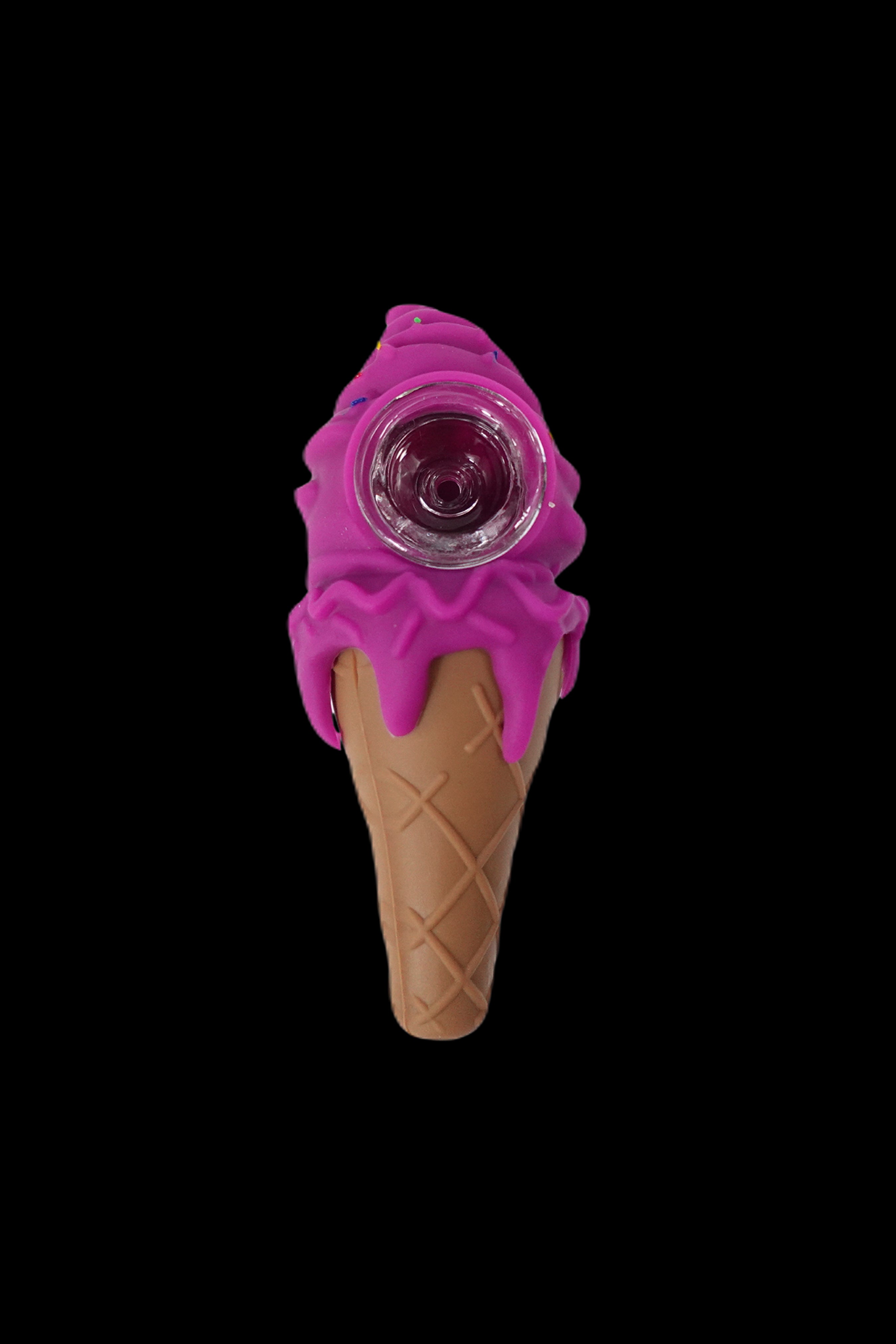 Pink ice cream cone-shaped glass pipe for smoking cannabis.