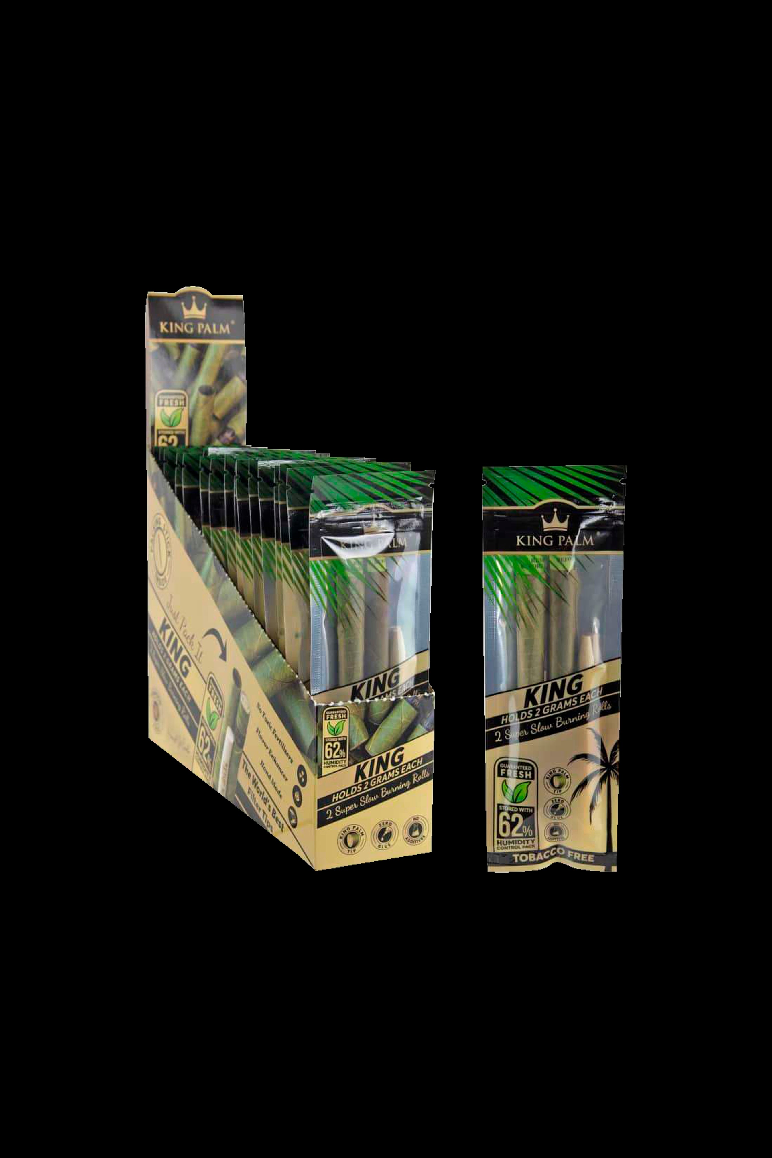 Box of King Palm pre-rolled leaf wraps displayed on a dark surface.