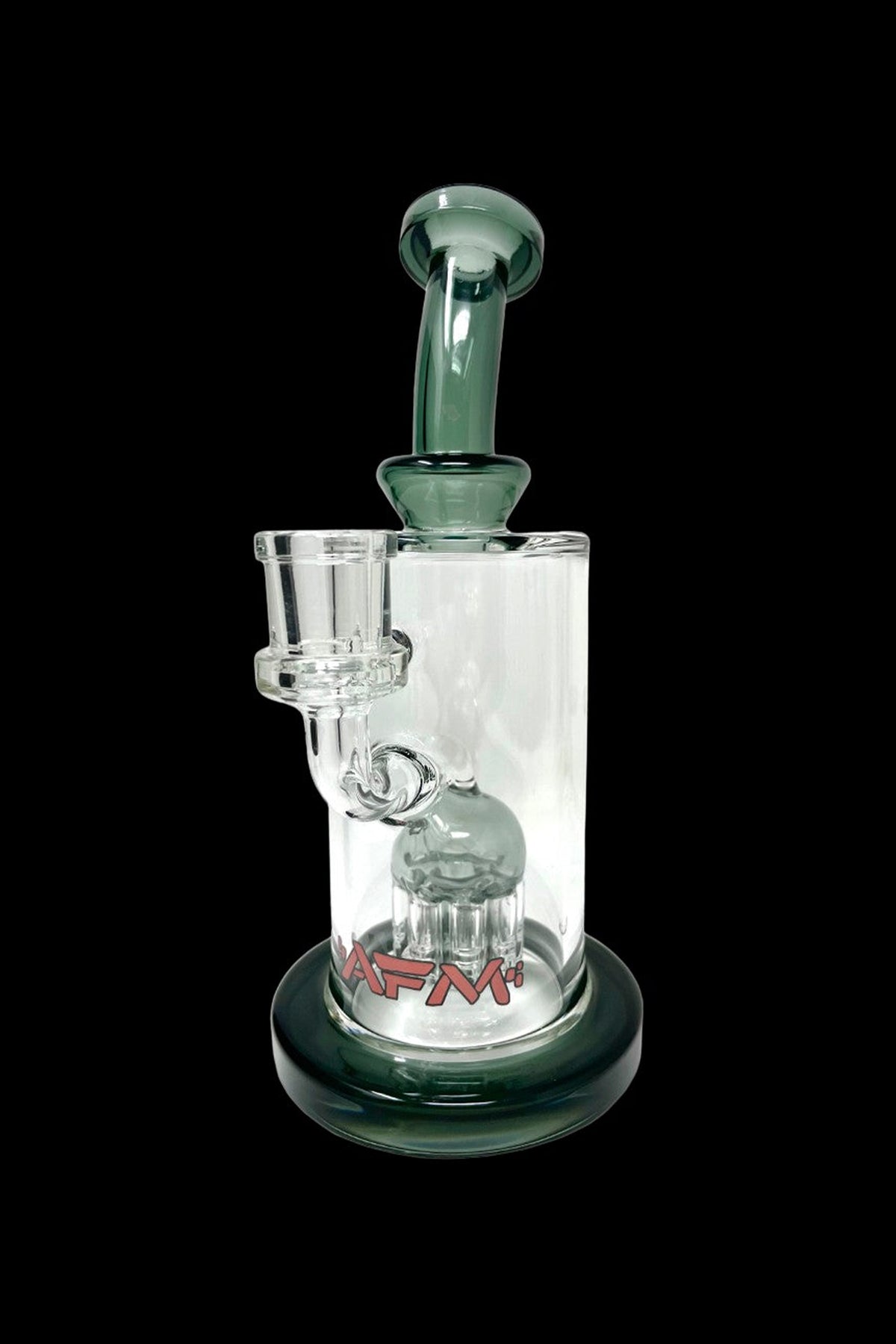 Clear glass bubbler water pipe with green accents and a red logo, isolated on a black background.