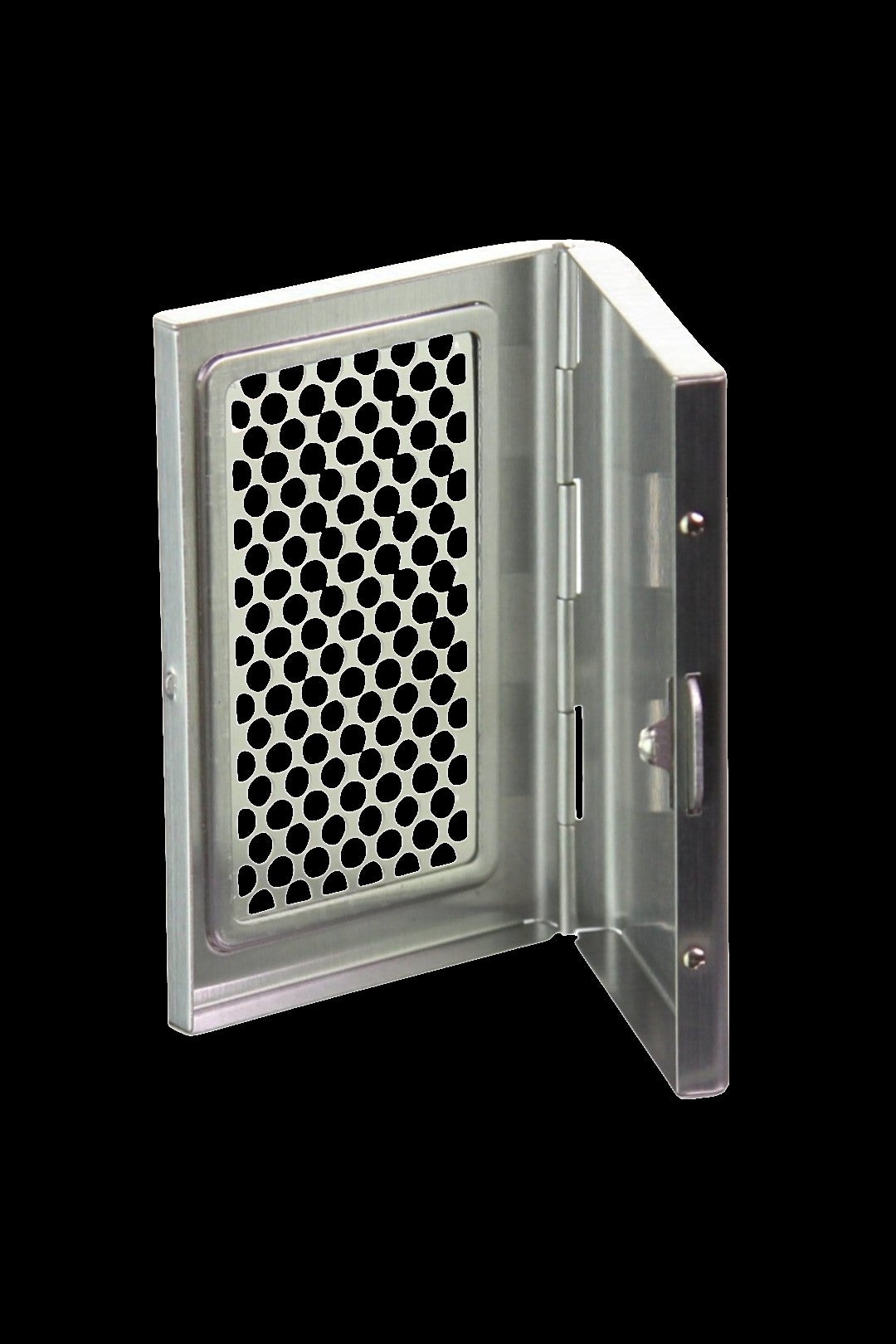 Clear smell-proof container with perforated panel, open to reveal interior."
