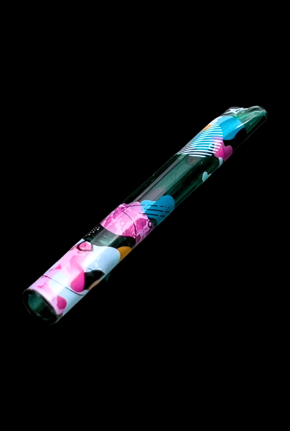 Colorful glass pipe against a black background.