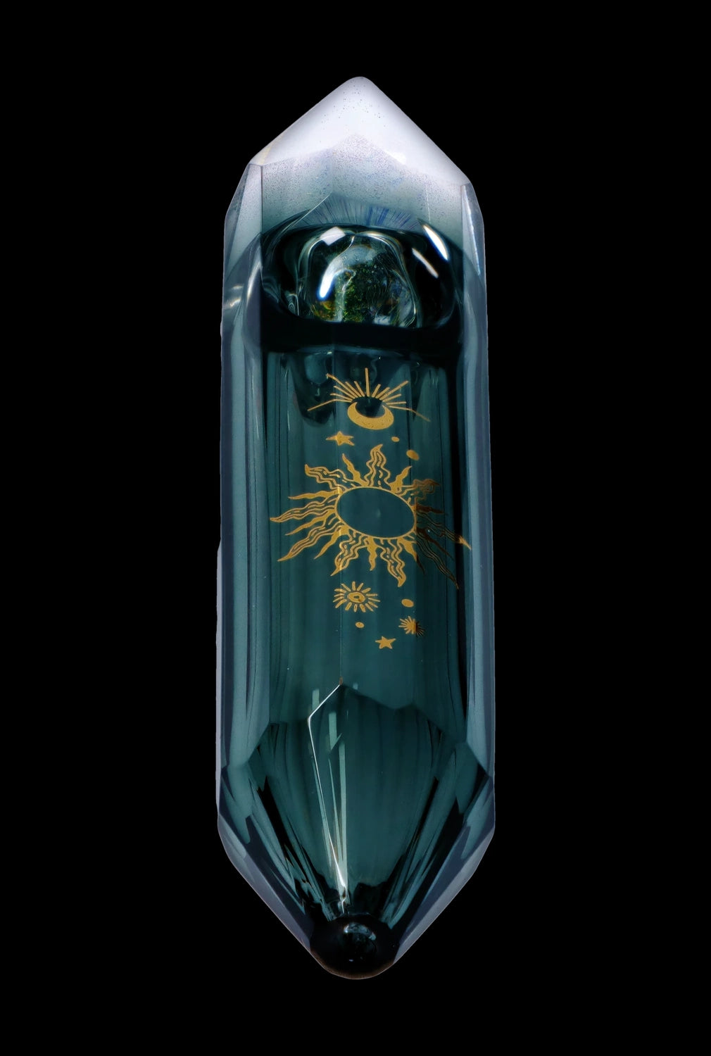 Emerald green glass water pipe with gold celestial designs.