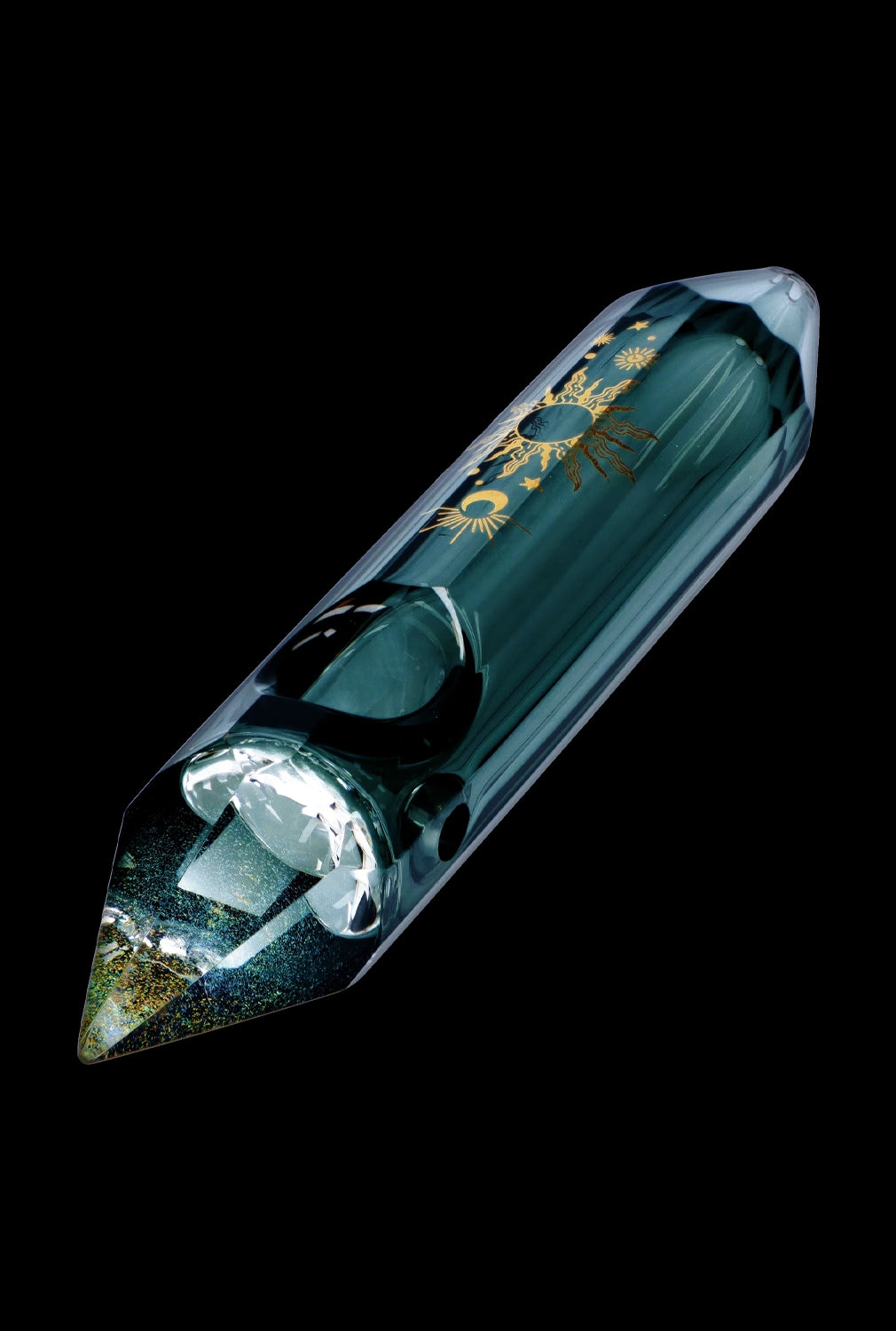 Emerald green glass pipe with gold celestial designs and visible cannabis inside, set against a black background.