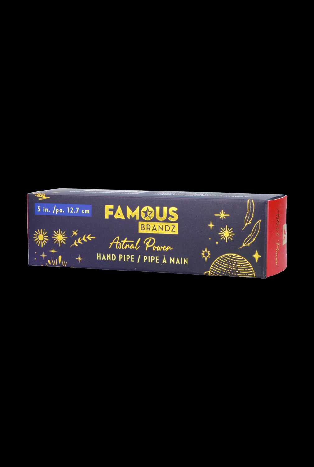 Red box for a "Famous Brandz" Astral Power hand pipe, decorated with star and leaf illustrations.