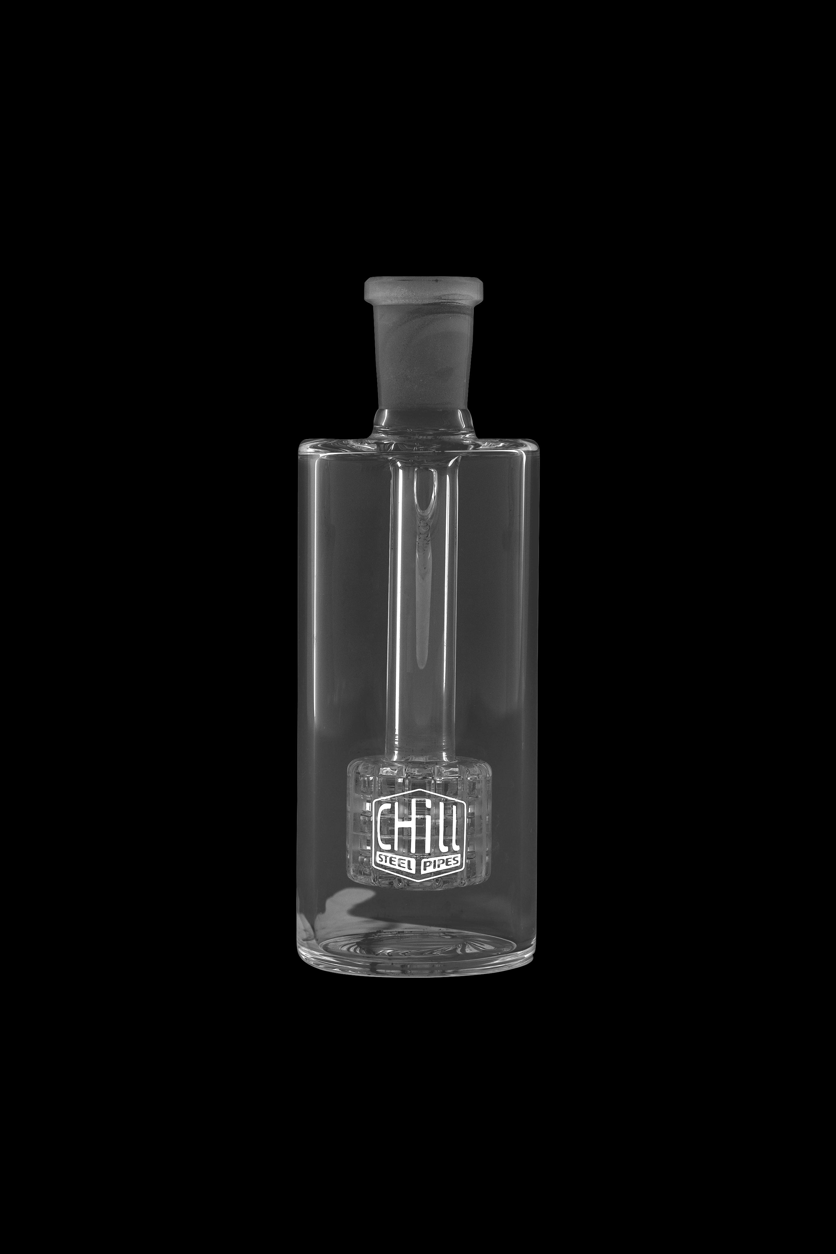 Glass bubbler water pipe with “Chill Steel Pipes” branding.