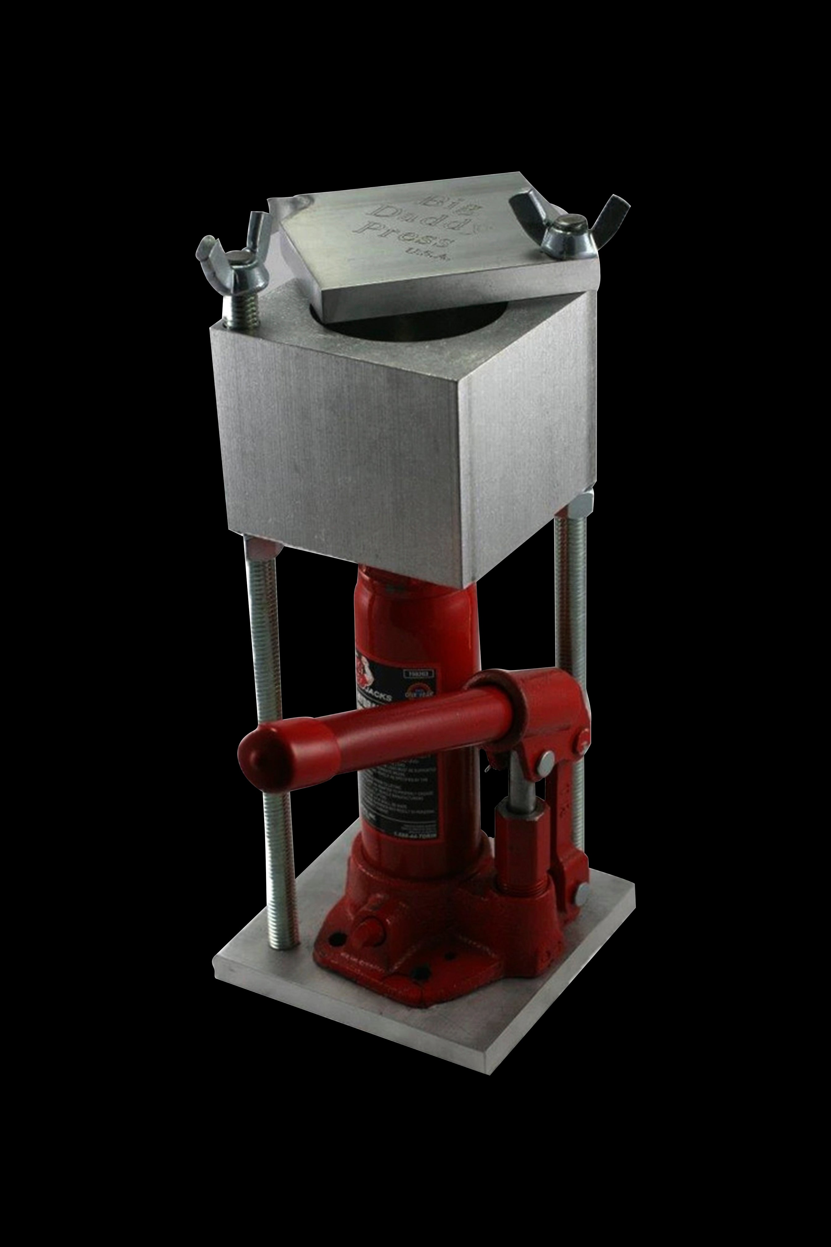 A rosin press used for extracting cannabis concentrates, featuring a red hydraulic jack pressing a metal plate between two rectangular metal blocks on a black background.