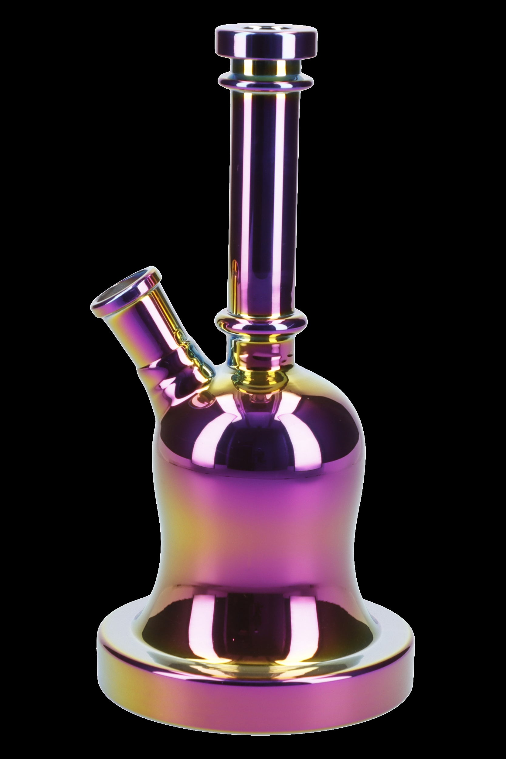 Iridescent glass water pipe (bong) against a black background.