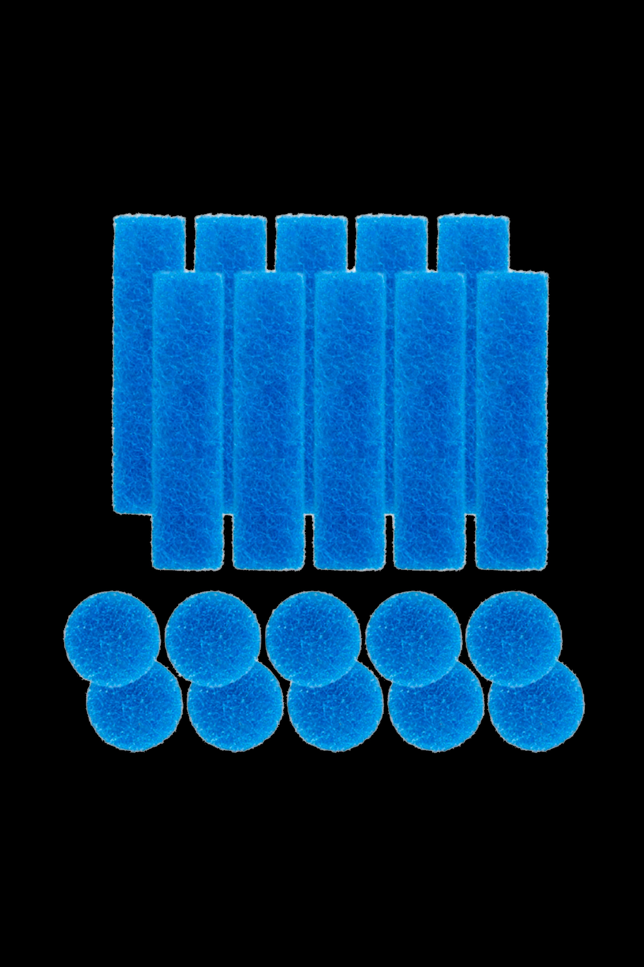 Blue foam filters for a cannabis pipe or bong, isolated on a black background.
