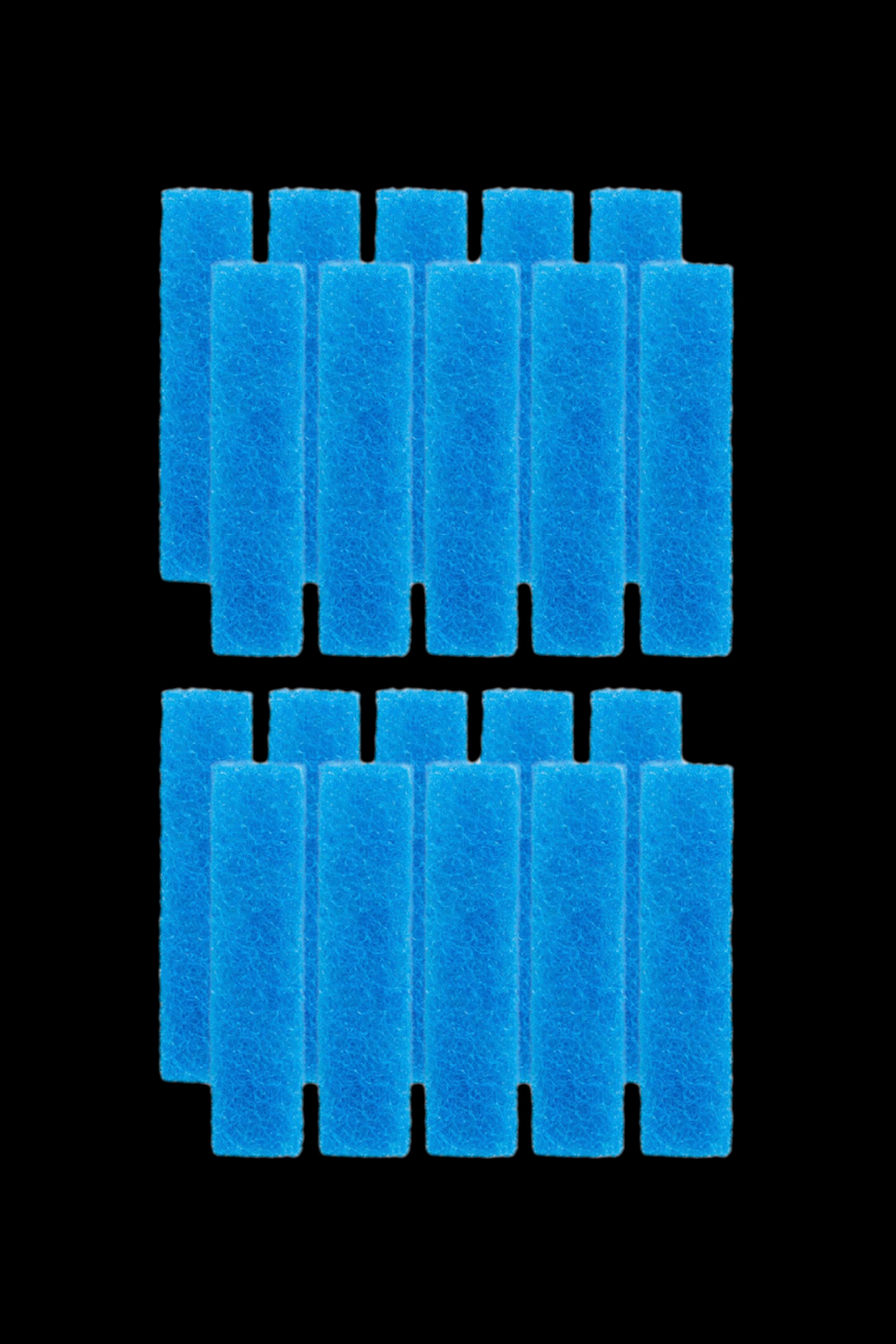 Blue foam filters for cannabis smoking devices, arranged in two rows.