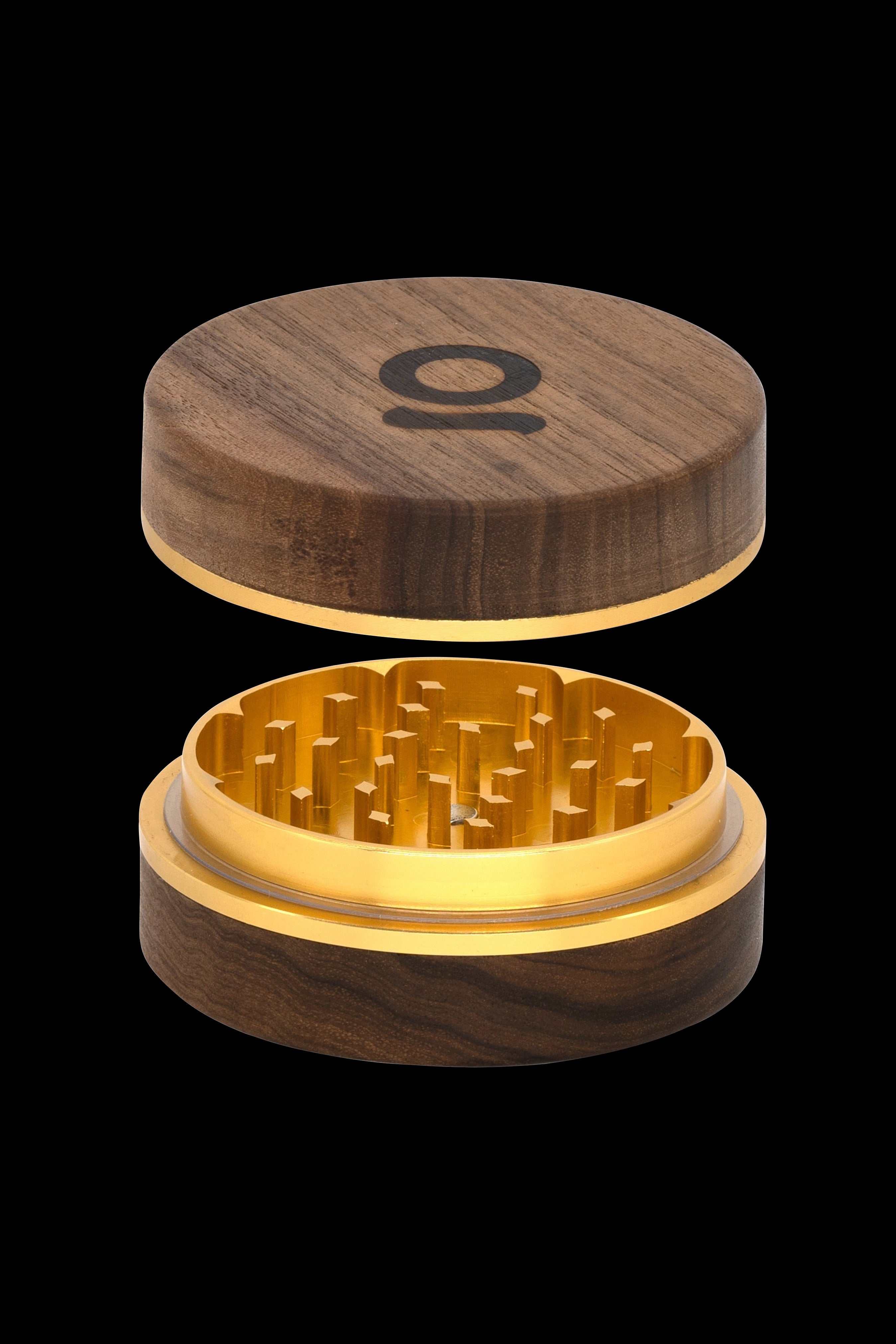 Wooden cannabis grinder with gold interior, lid slightly raised.