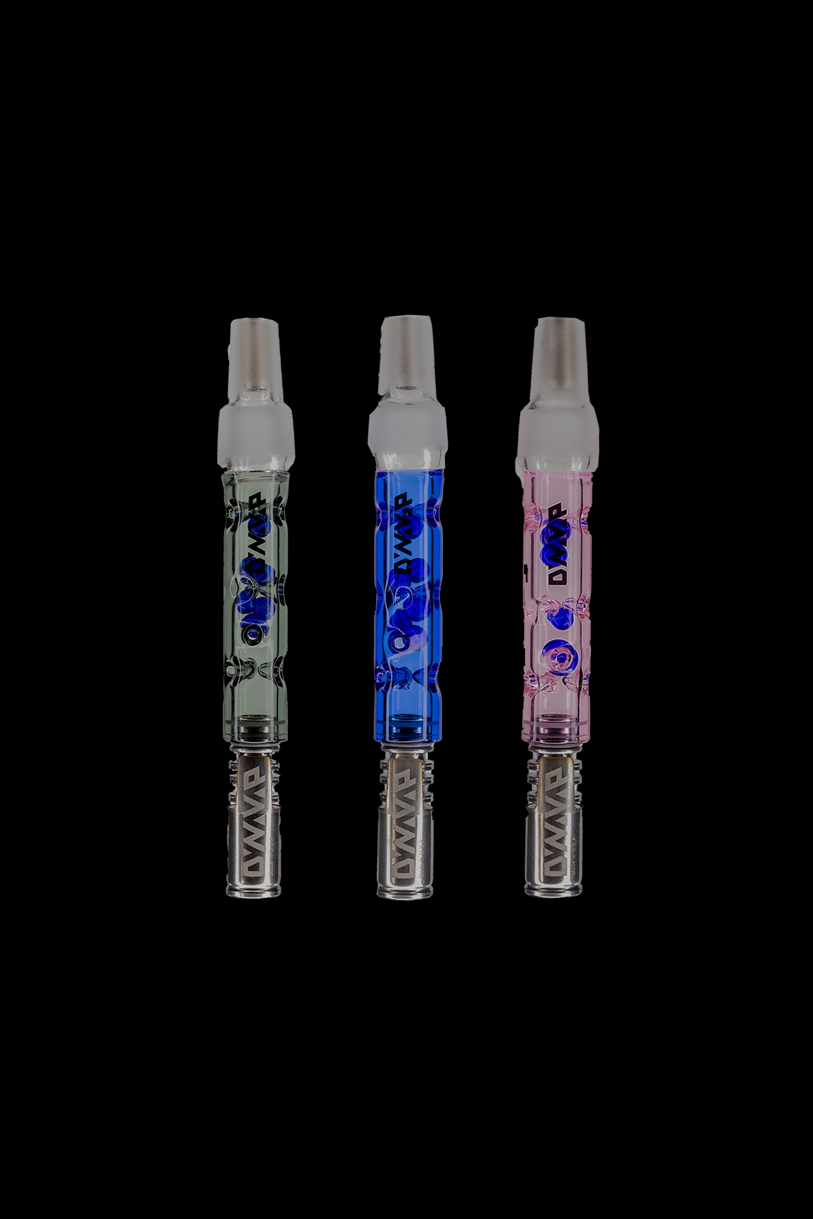 Three glass dab rigs with branded text, in silver, blue, and pink, against a black background.